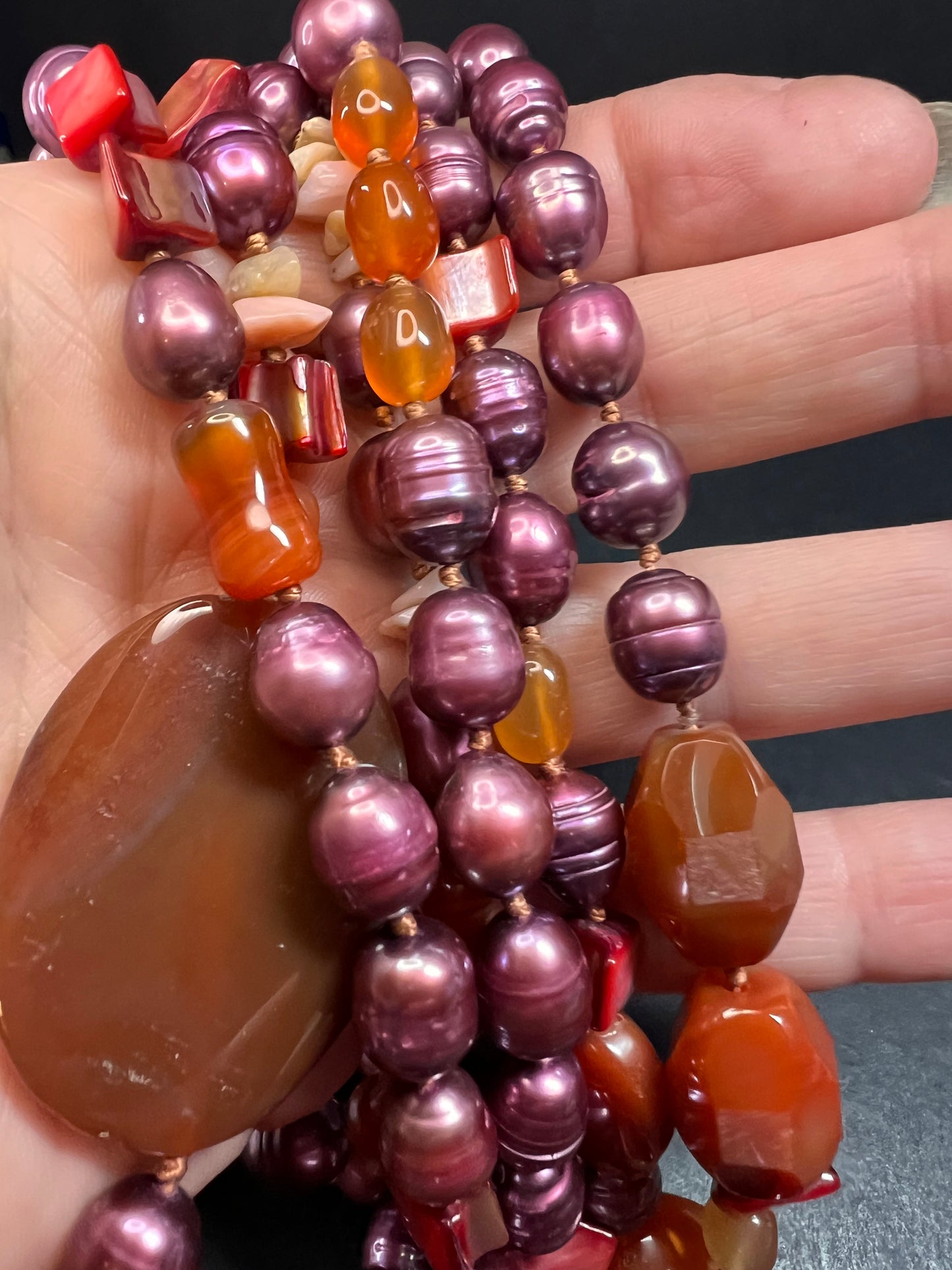 NEW carnelian and freshwater pearl multi strand necklace with sterling silver clasp