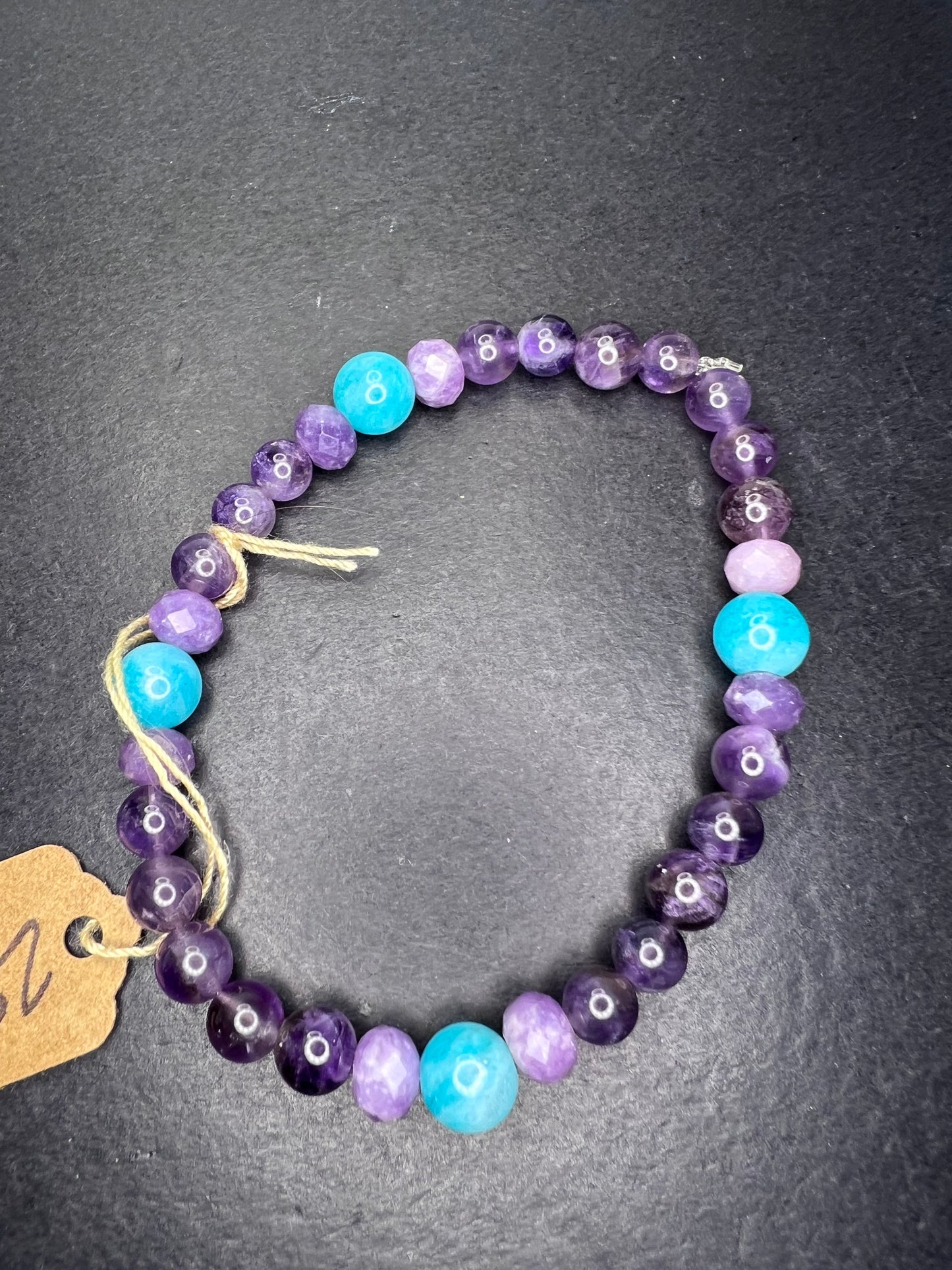 Amethyst, lepidolite, and Peruvian amazonite stretch cord bracelet for 7 inch wrist