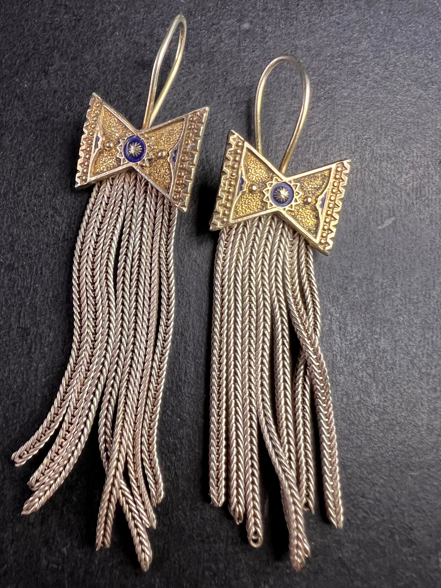 Vintage Turkish sterling silver foxtail fringe enamel bow earrings