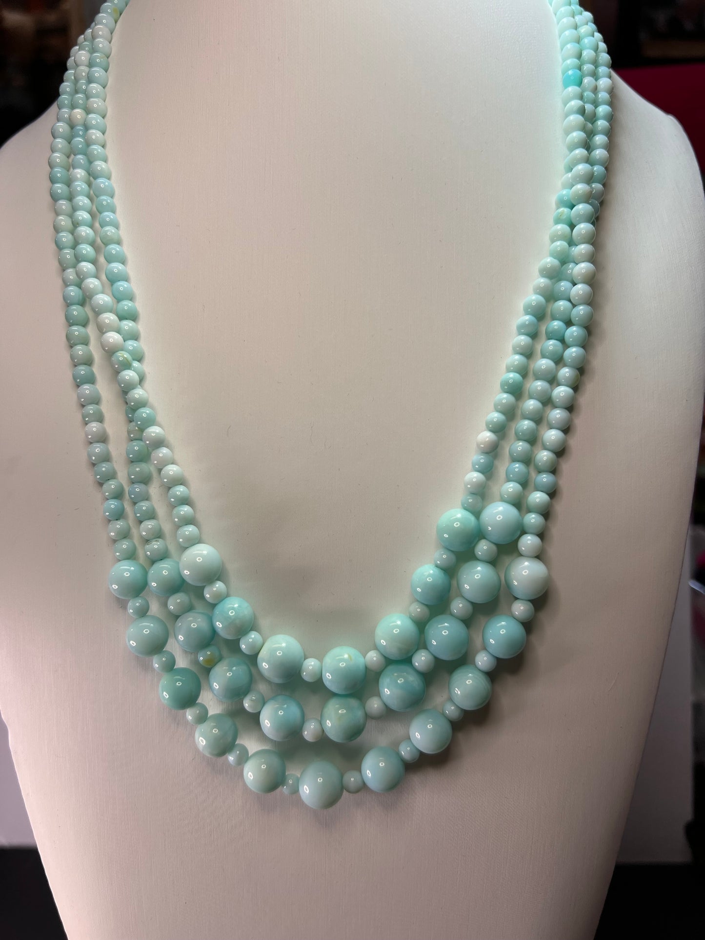 Peruvian blue opal triple strand necklace with sterling silver clasp