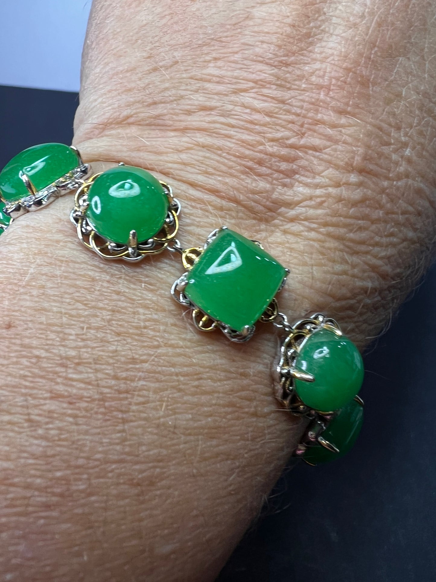 Green Jade two toned sterling silver toggle bracelet