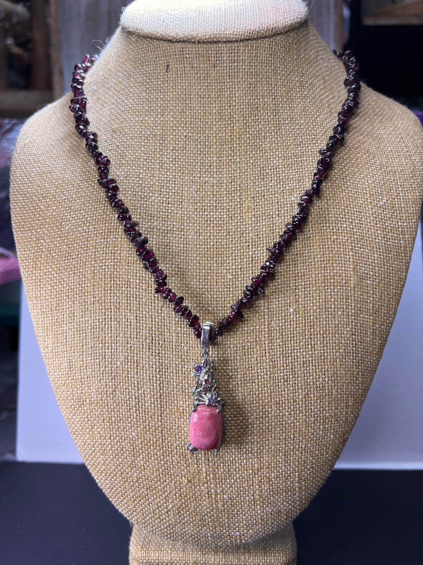 Norwegian Thulite and garnet chip necklace with sterling silver pendant and clasp