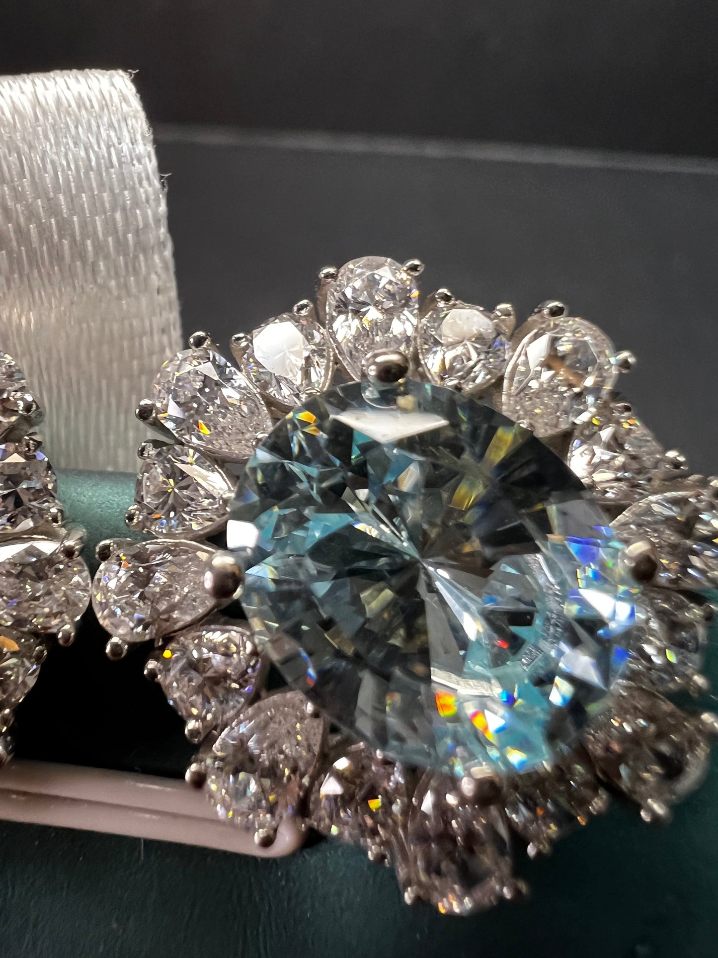 Sterling Silver Aqua CZ Halo Omega Back Earrings New w Tags