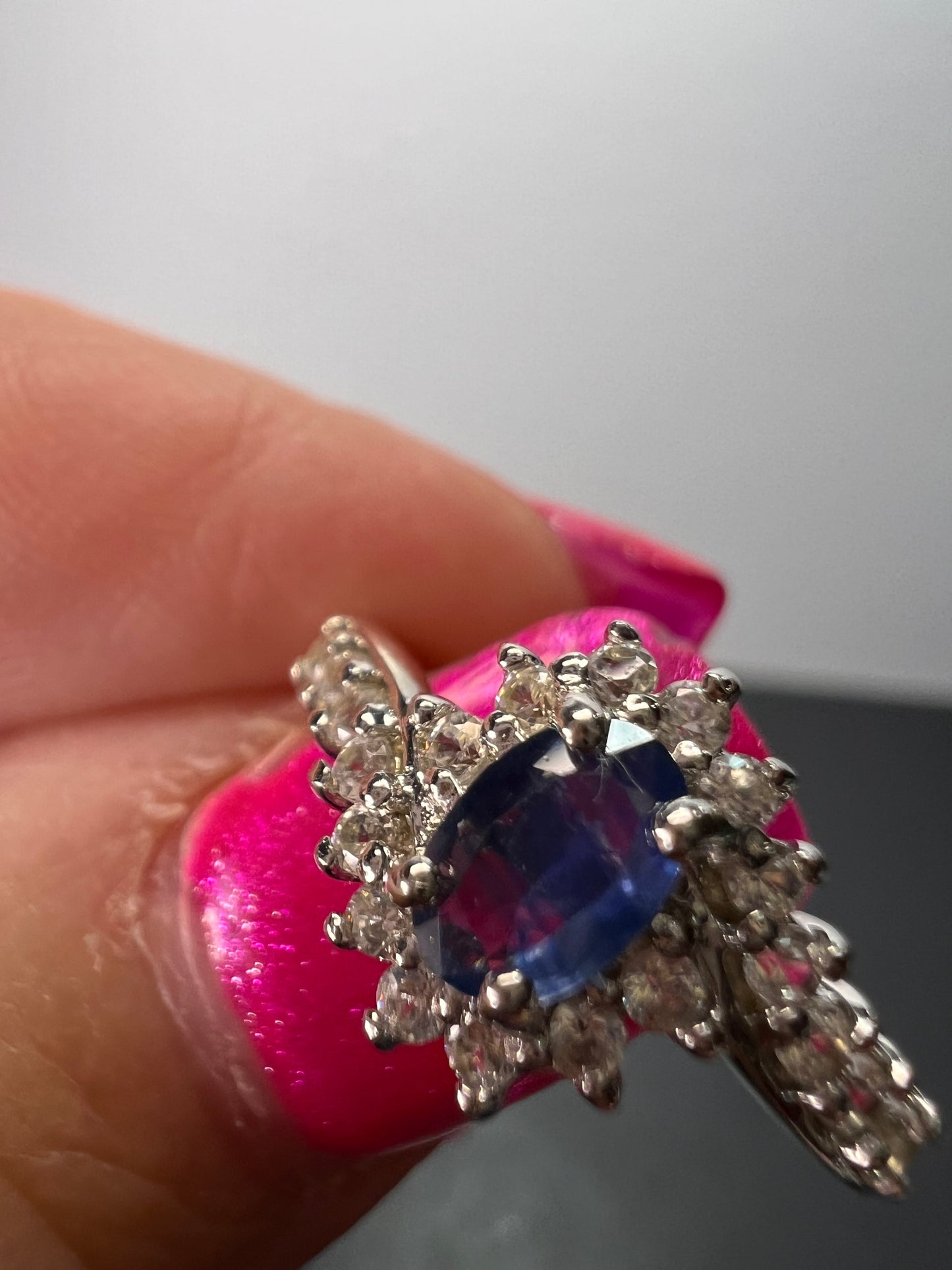 Blue sapphire and zircon floral ring in platinum over sterling silver size 5