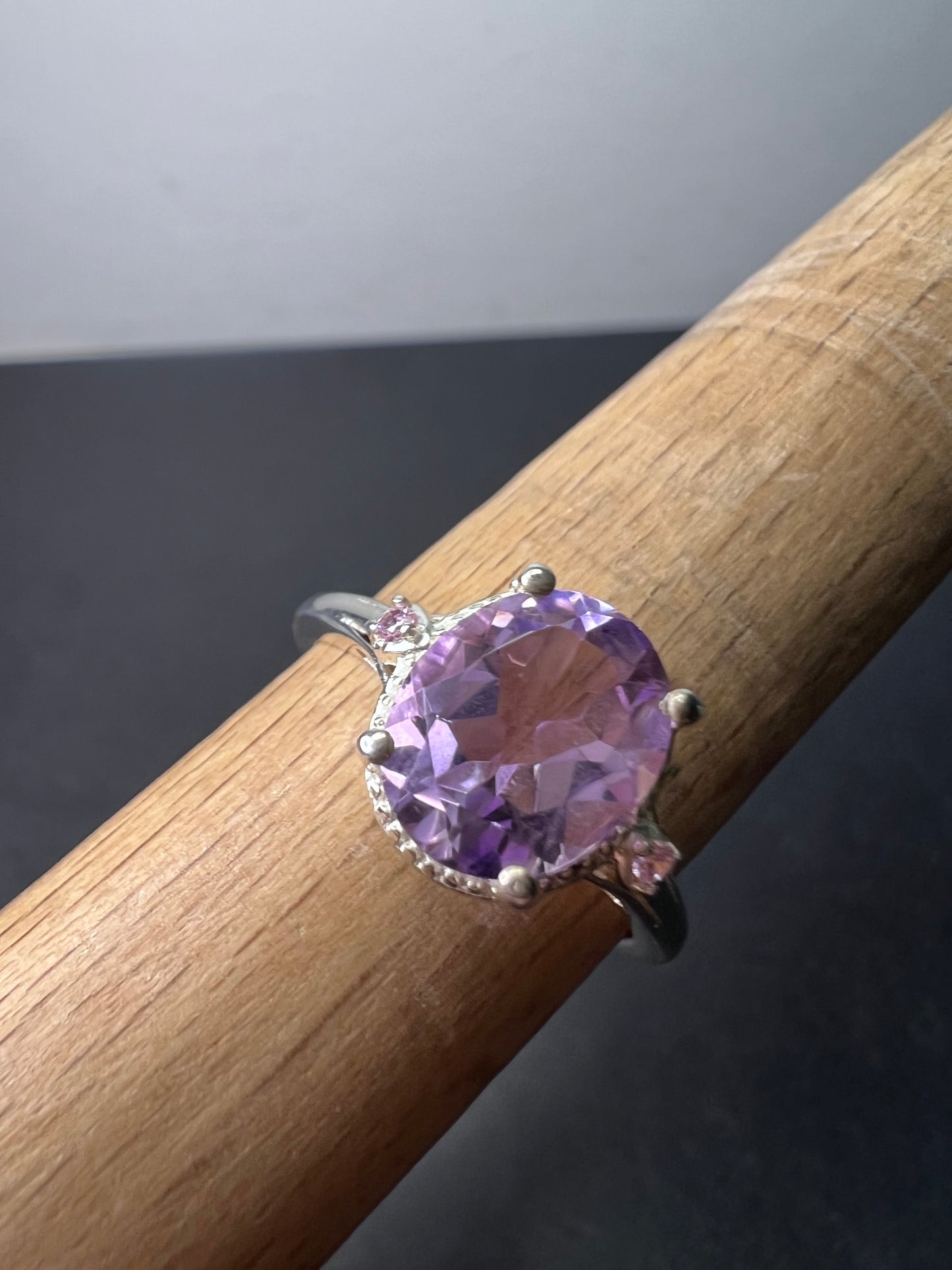 Amethyst and pink CZ sterling silver ring size 9