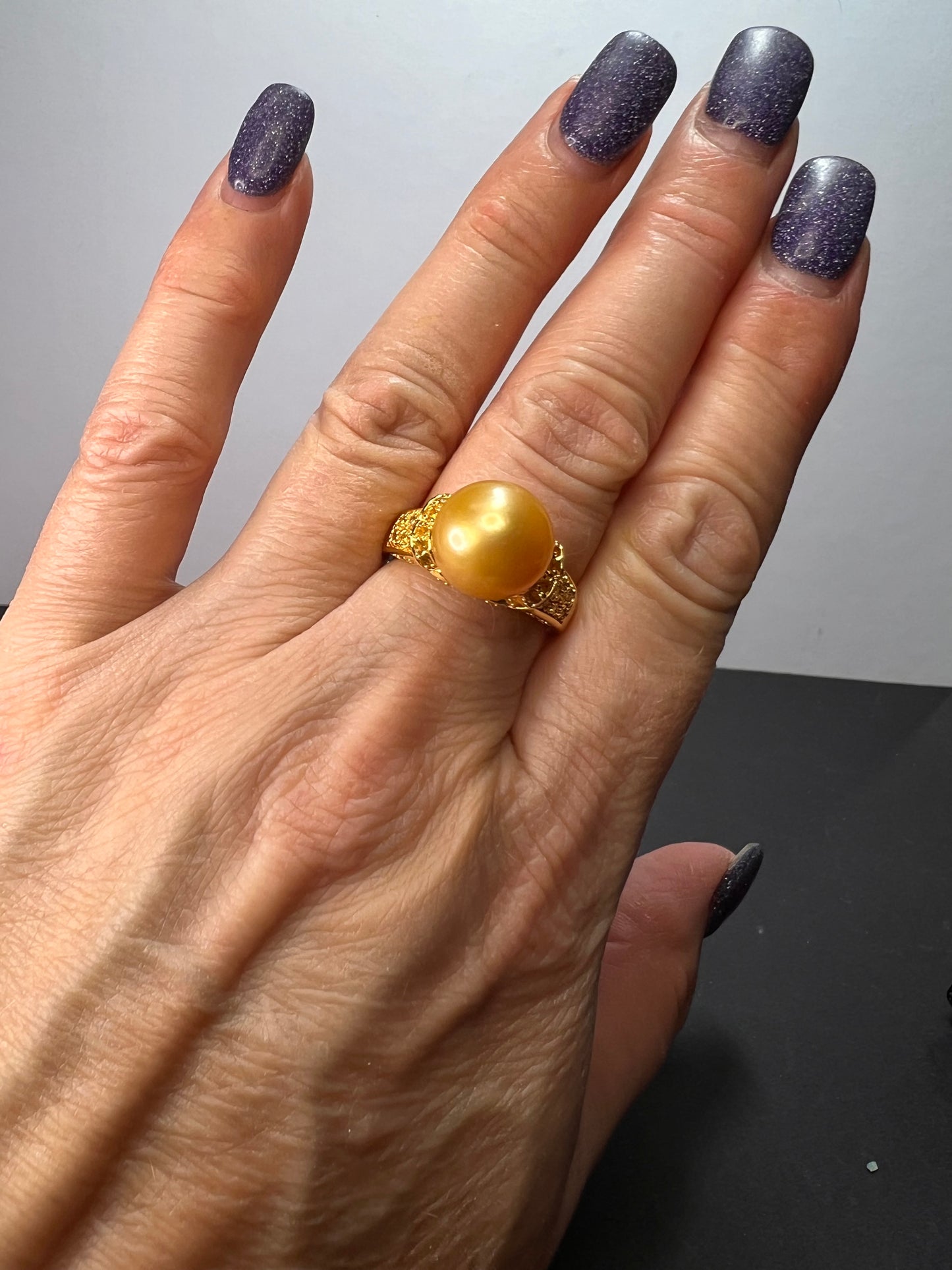 Golden Cultured South Sea Pearl and Citrine 18k Yellow Gold Over Sterling Silver Ring size 9