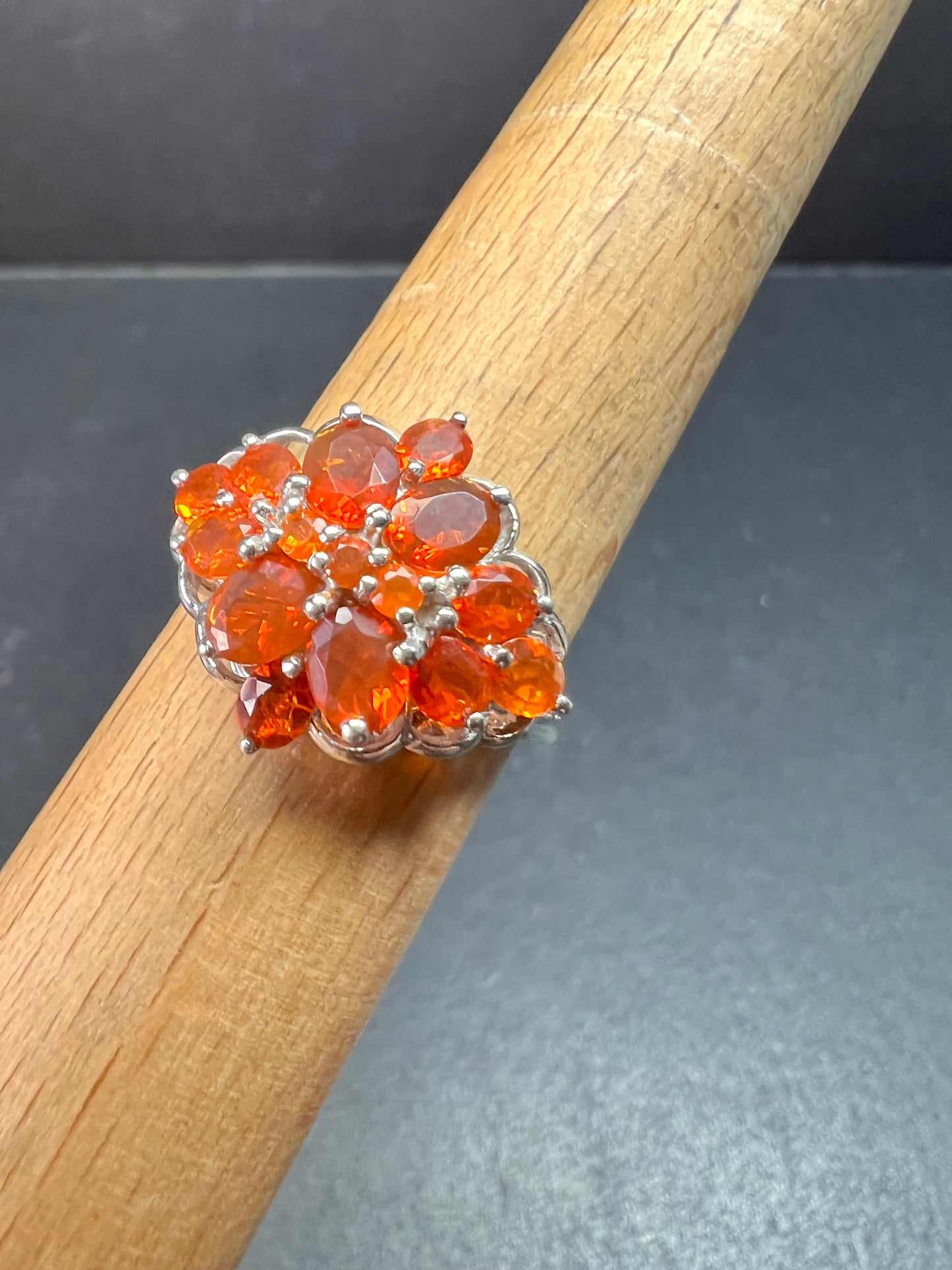 Vintage Sterling Silver Mexican Fire Opal Floral Cluster Ring Sz 9