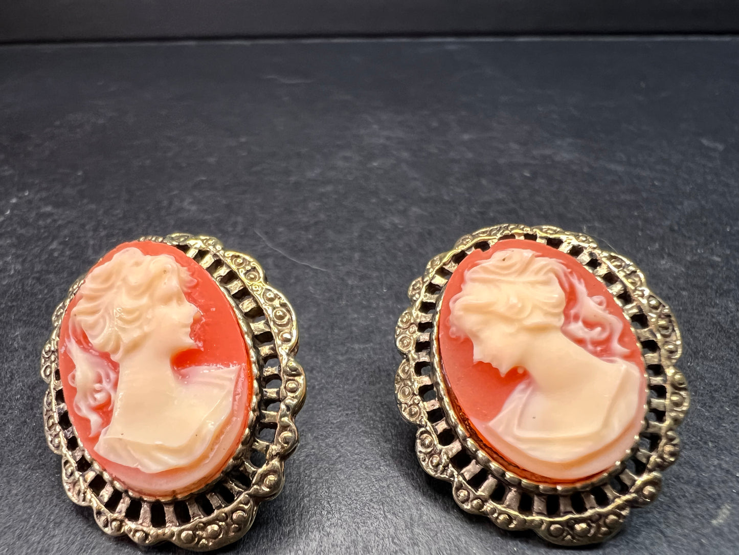 Vintage Carved Shell Cameo Stud Earrings Gold Tone Victorian Revival