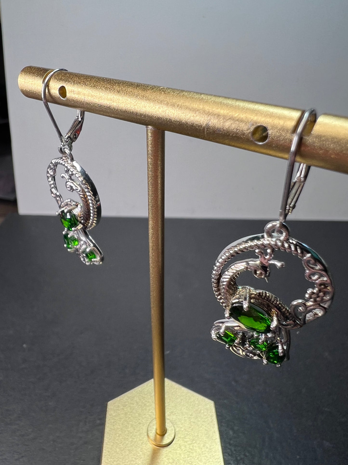 Chrome diopside sterling silver peacock dangle earrings