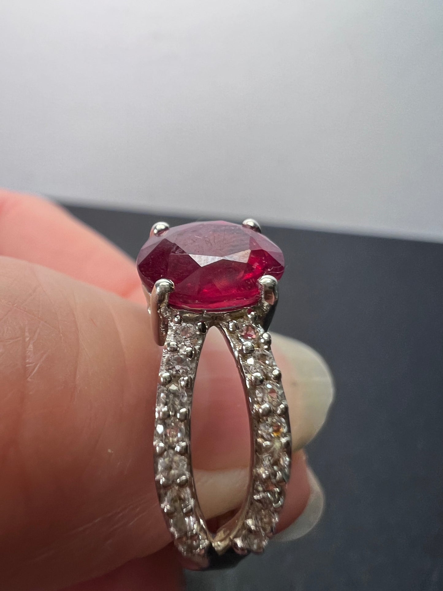 Ruby and zircon crisscross sterling silver ring size 9