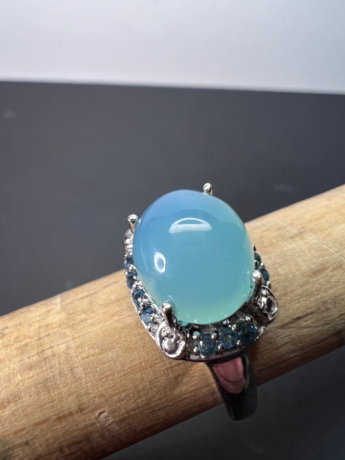 Aqua blue chalcedony blue topaz sterling silver halo ring size 7