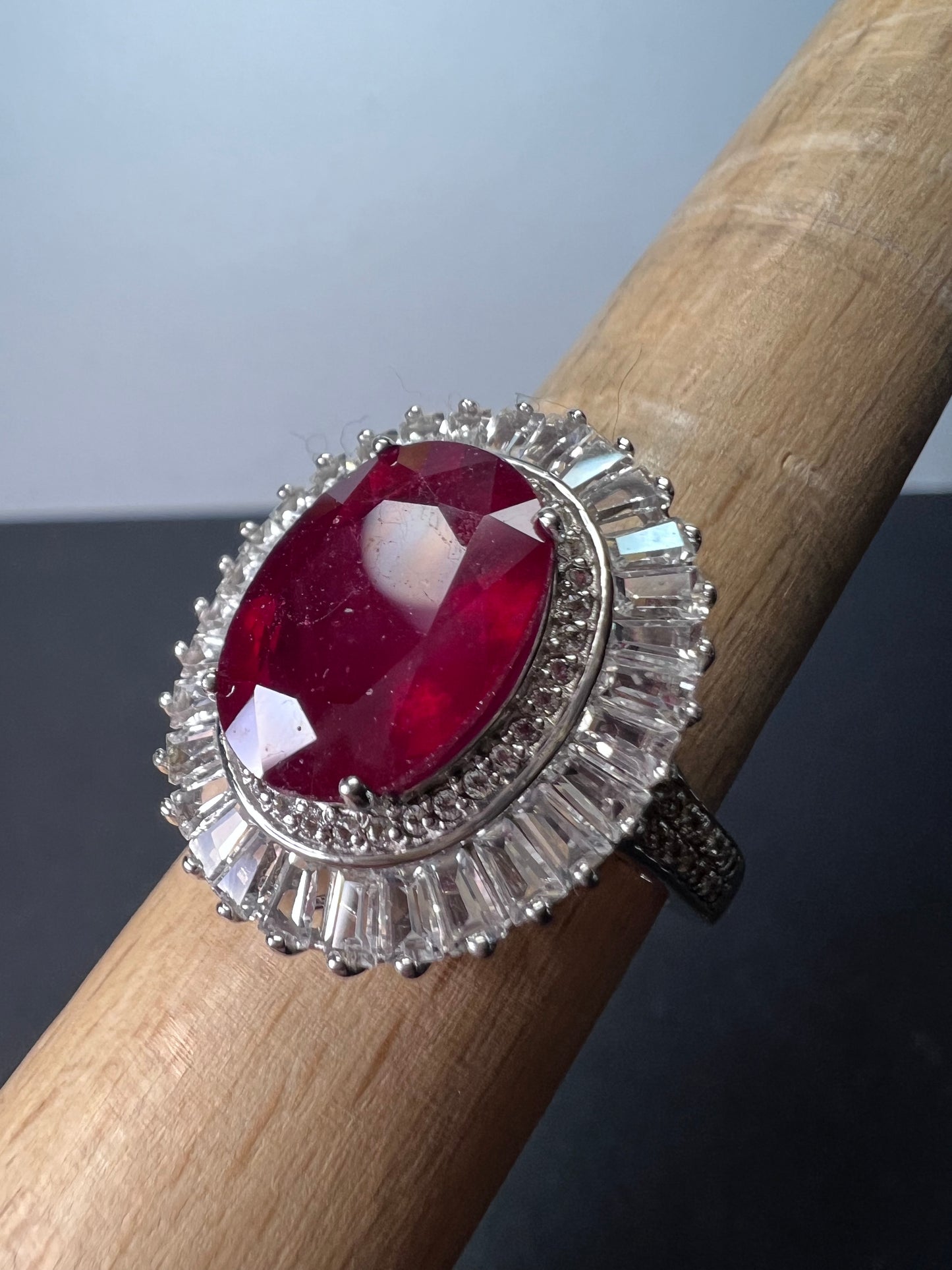 Niassa Ruby (FF) and White Zircon Ballerina Ring in Platinum Over Sterling Silver 10.00 ctw size 9