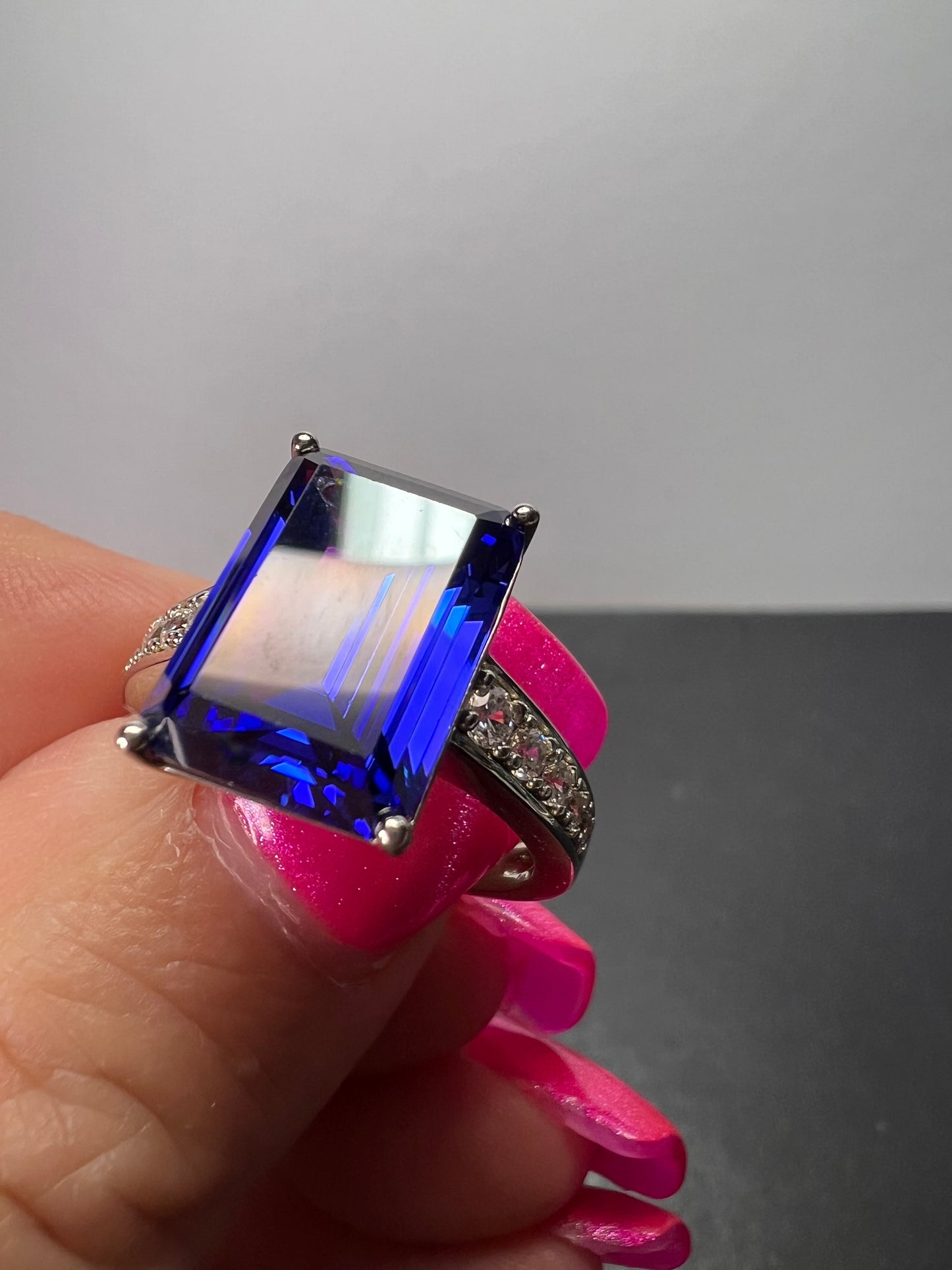 Emerald cut blue and white CZ sterling silver engagement ring 9.20 ctw size 9