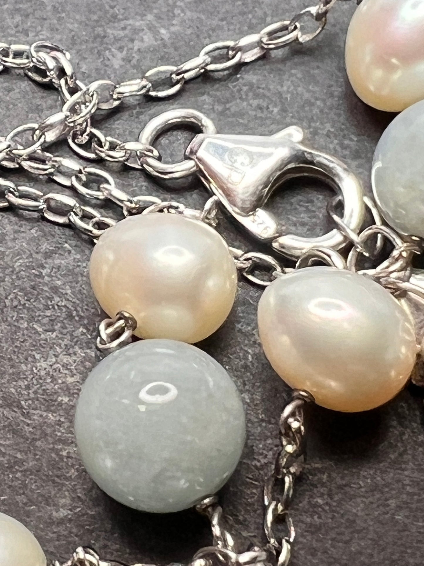 Aquamarine and pearl sterling silver station necklace