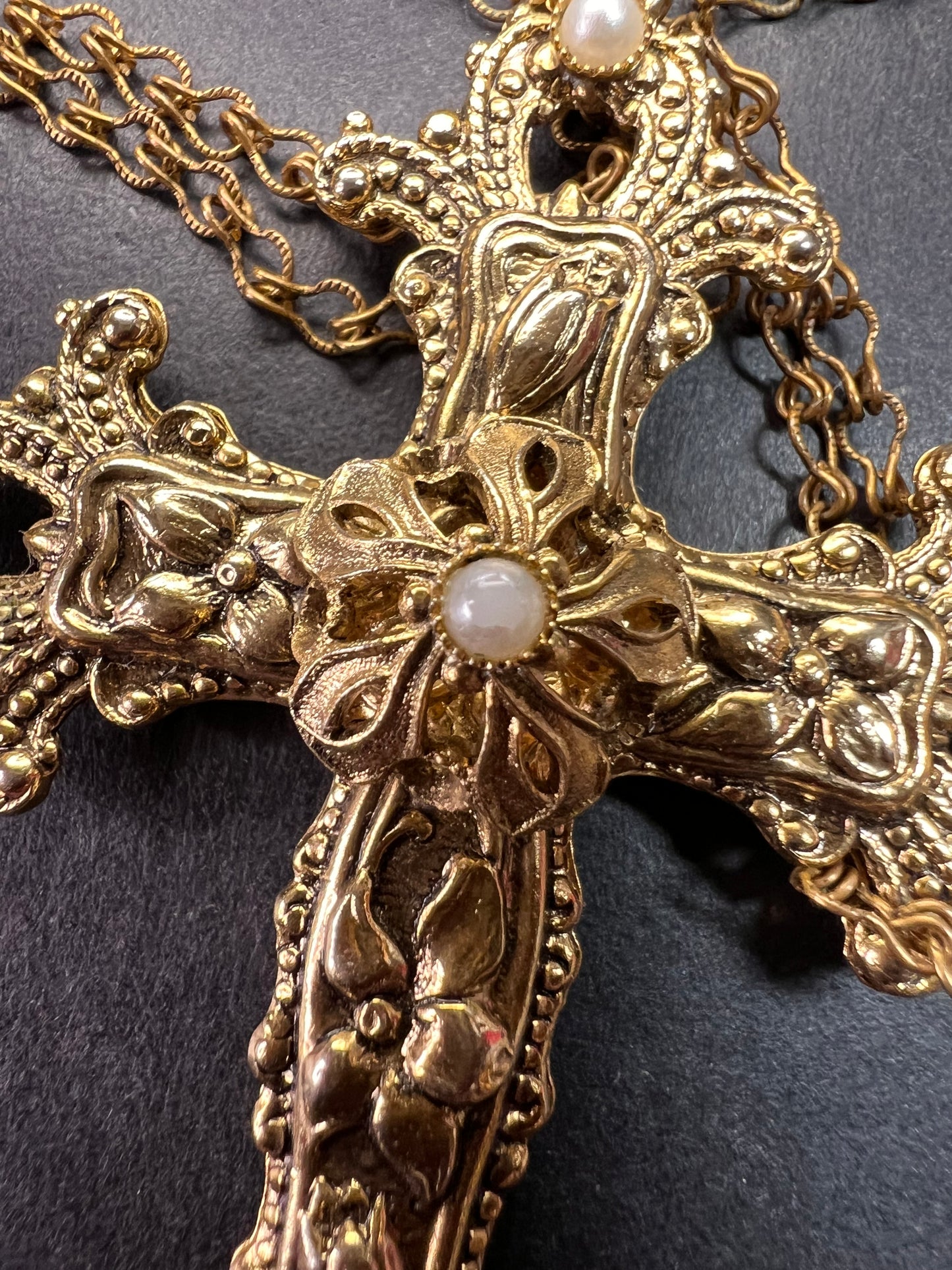 Vintage 1928 Gold Tone Cross Pendant Necklace with Faux Pearls – Long Chain Statement Jewelry