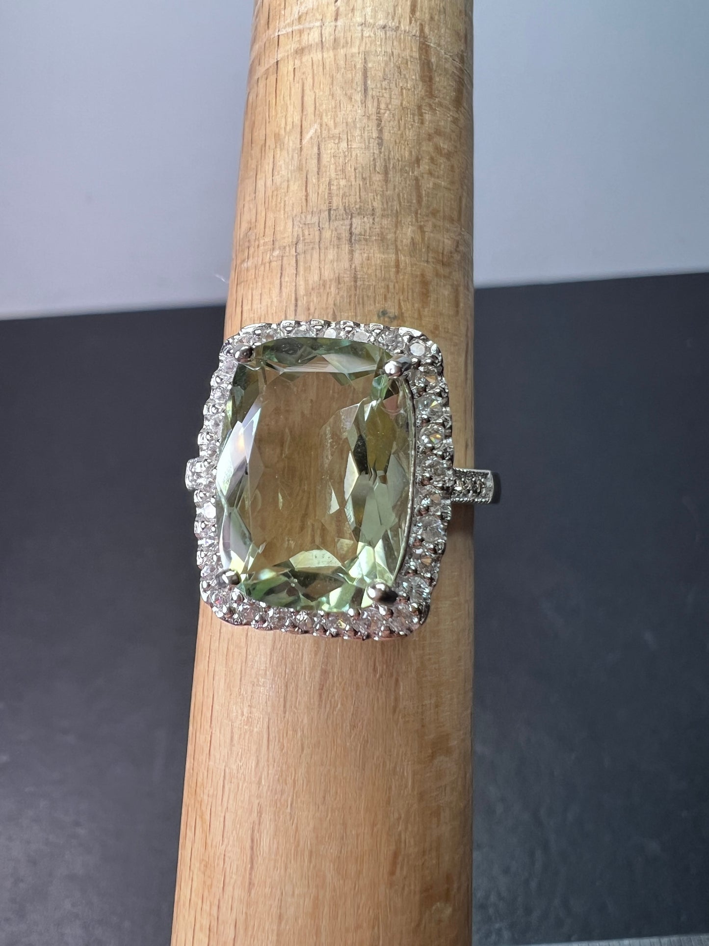 Cushion cut Prasiolite cocktail halo ring size 9