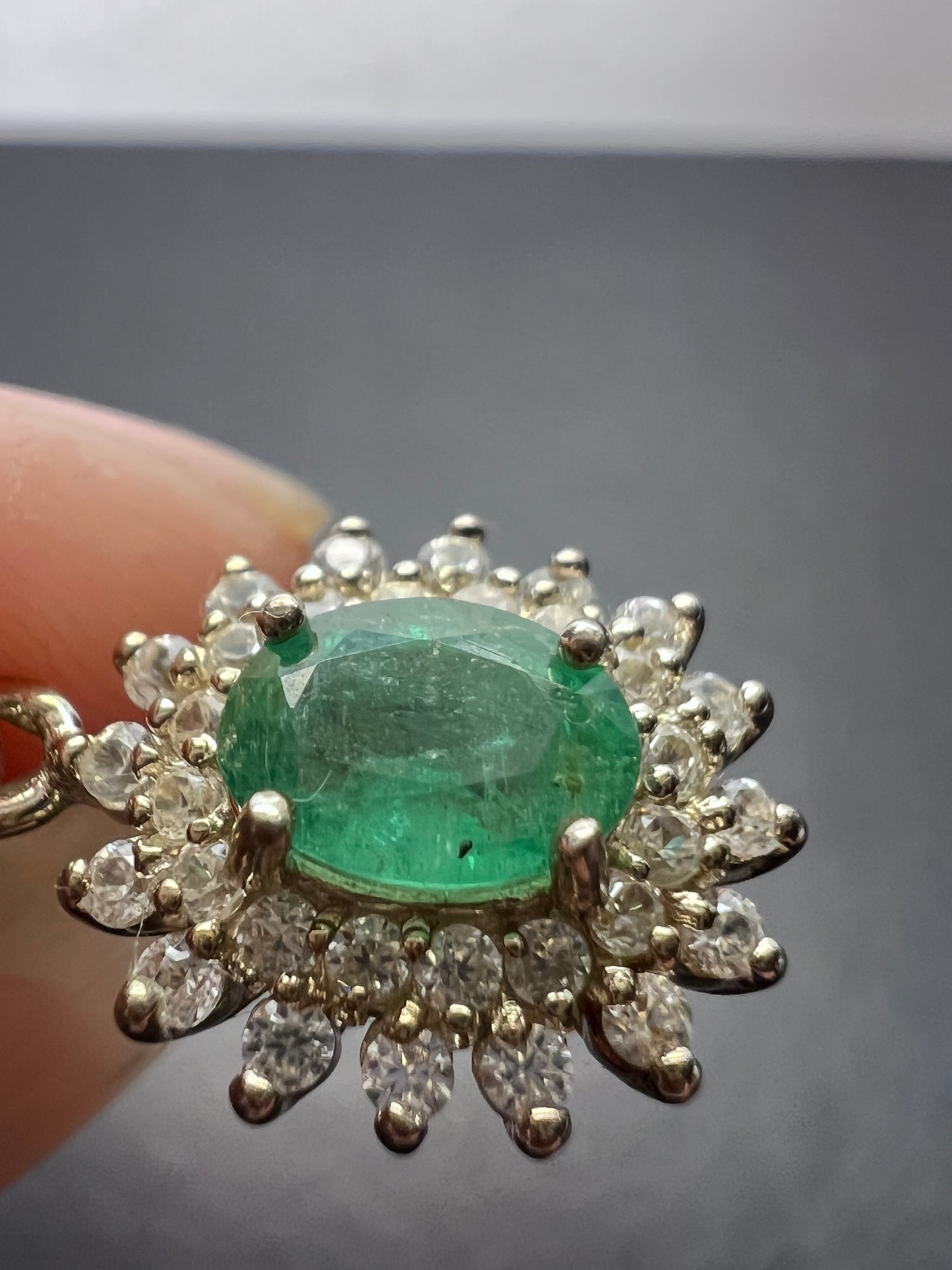 AAA Kagem Zambian Emerald and Natural White Zircon Sunburst Pendant Necklace 18 Inches in Platinum Over Sterling Silver 1.50 ctw