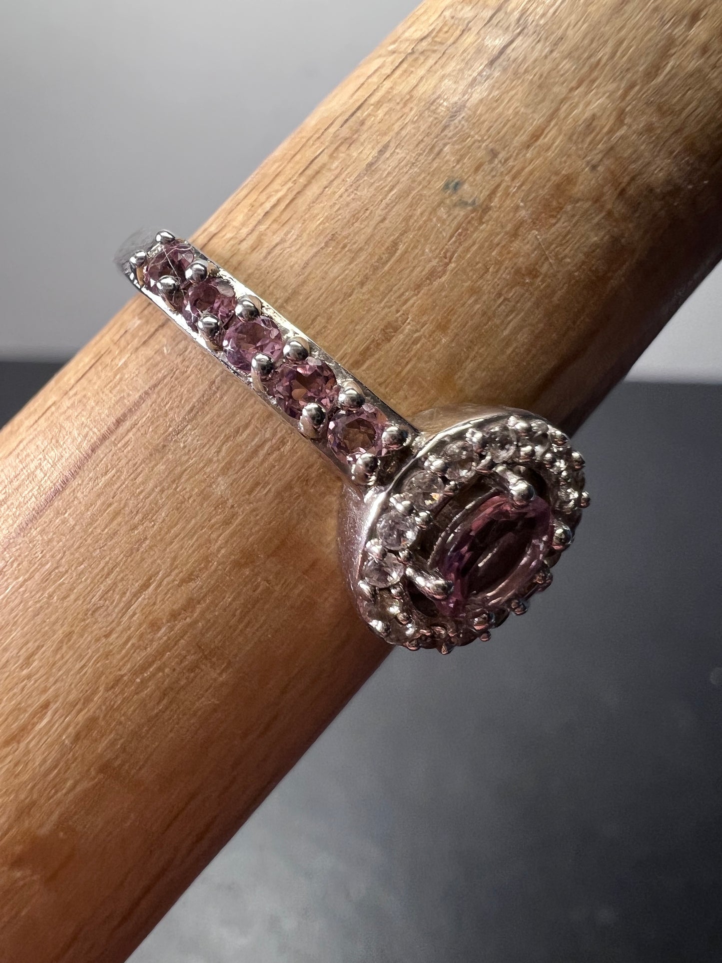 Pink tourmaline and white zircon sterling silver halo ring size 9