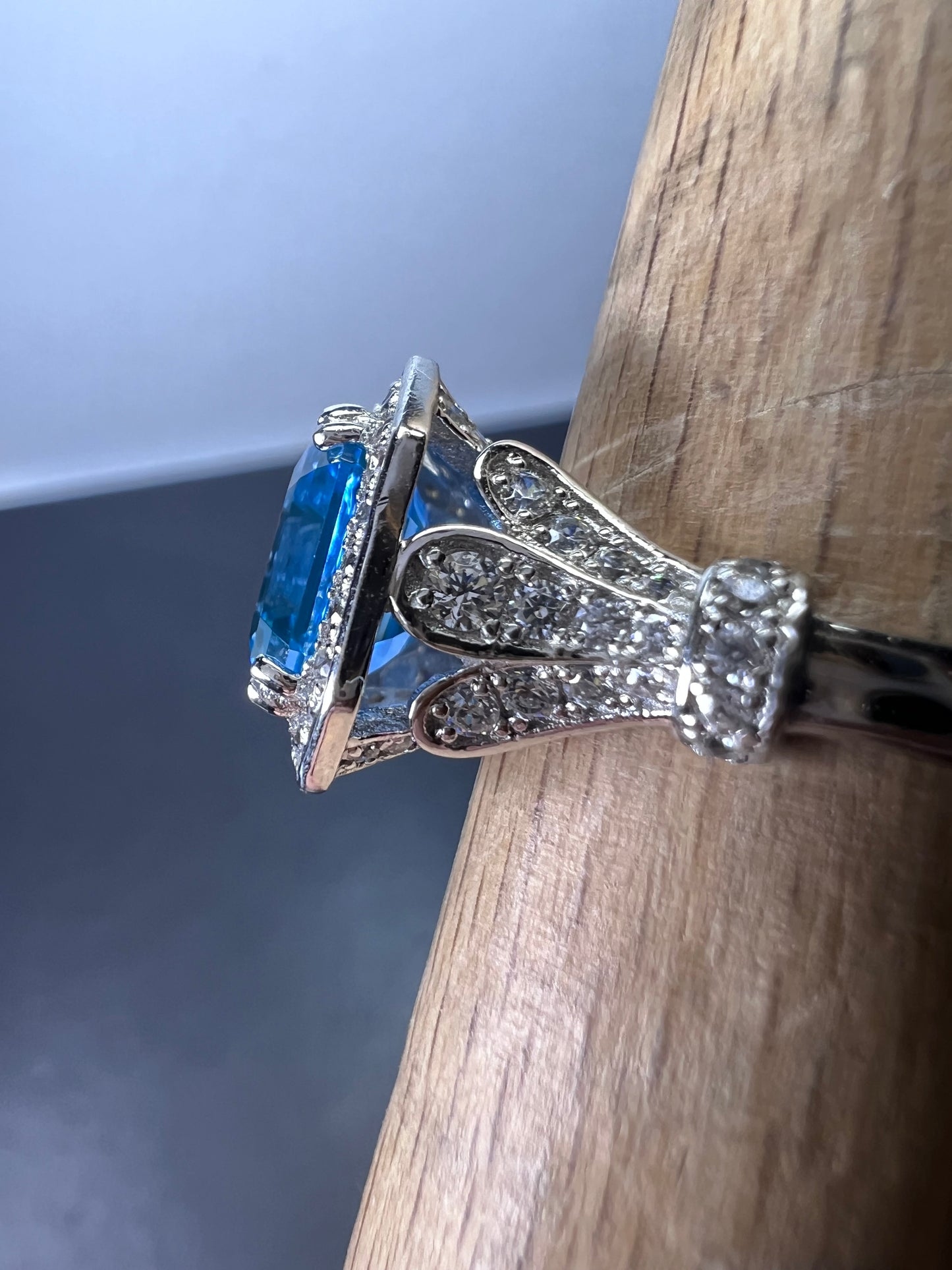 Blue zircon and CZ sterling silver cocktail ring size 7