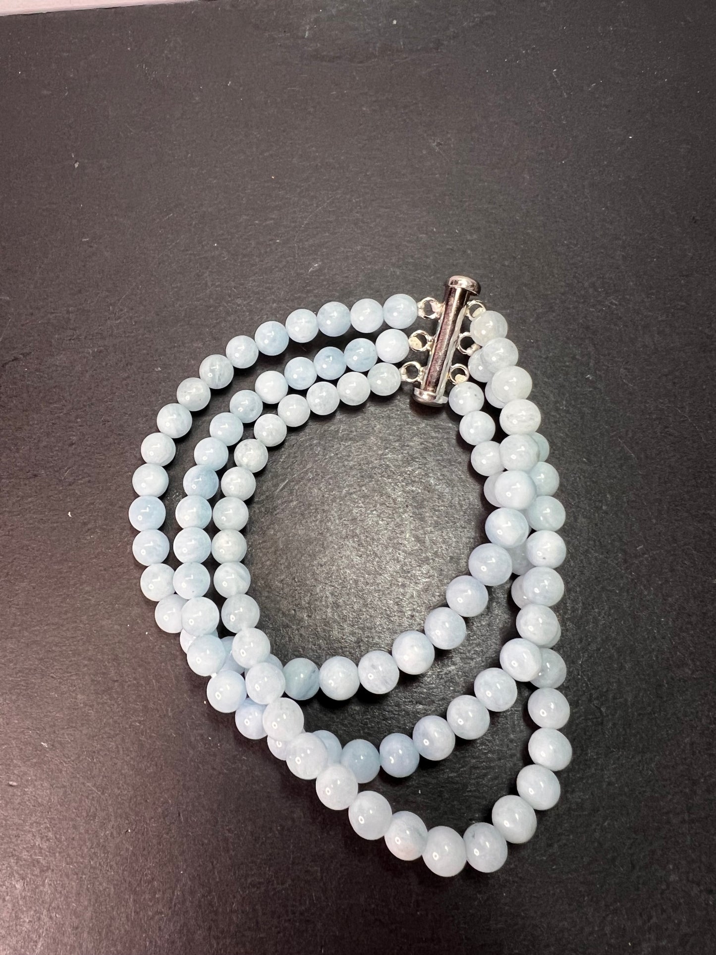 Triple strand beaded aquamarine bracelet with sterling silver slide clasp *NEW*