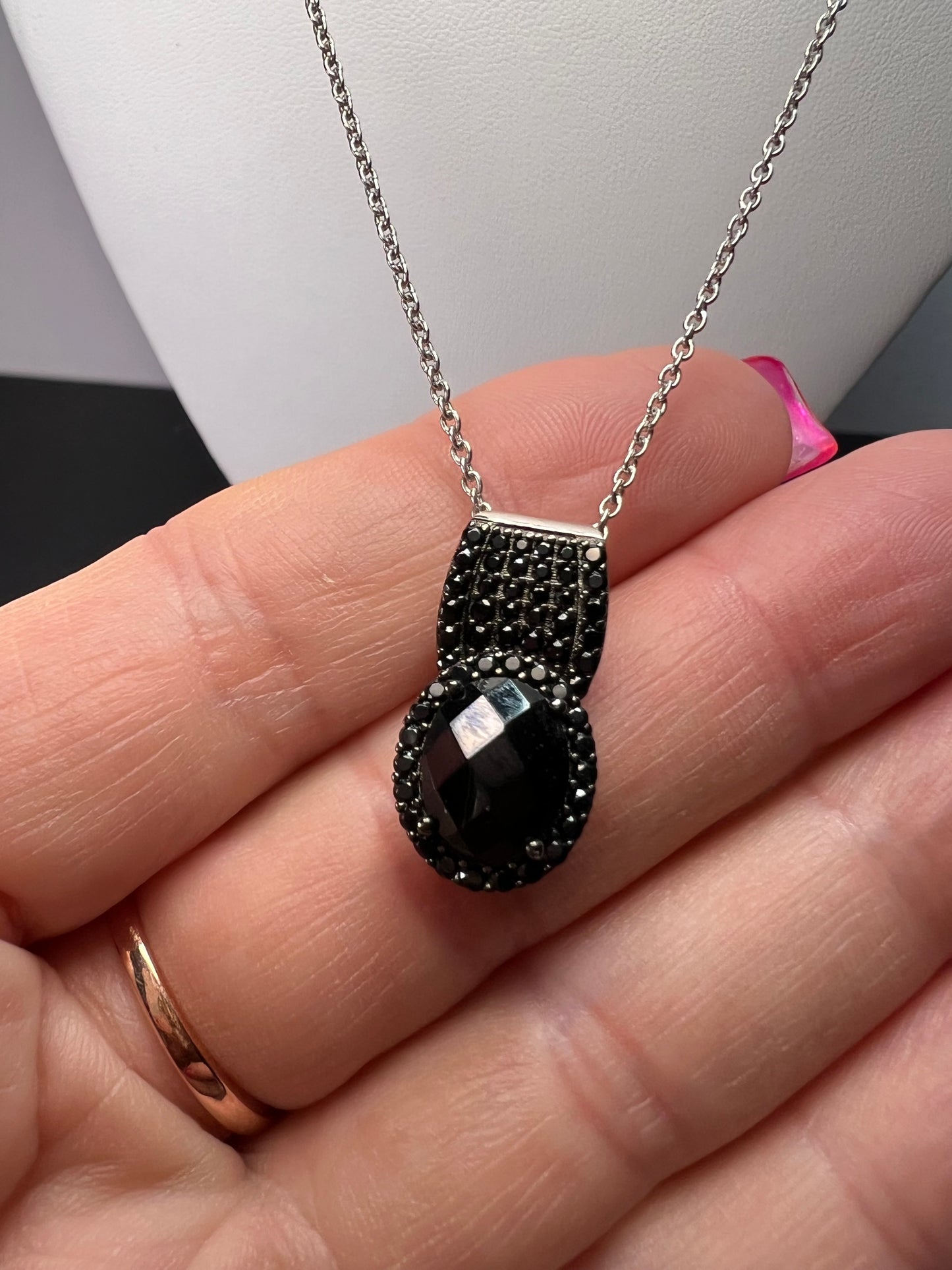 Black spinel pendant and chain necklace in rhodium over sterling silver