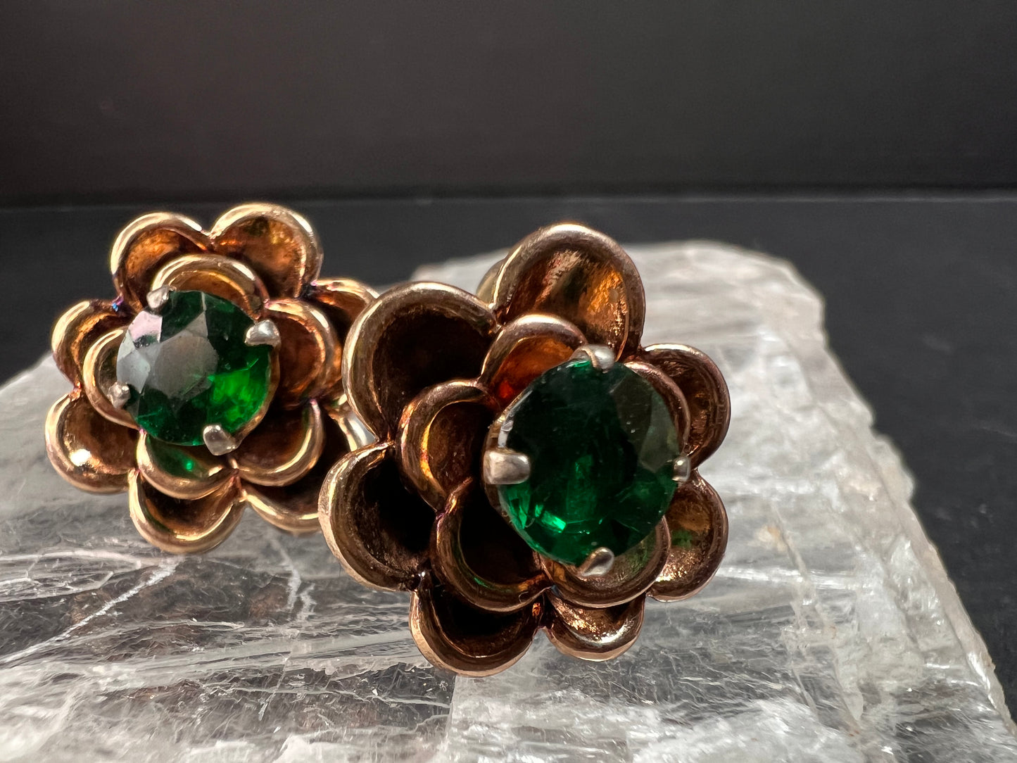 Vintage 1940s Vermeil Flower Screw Back Green Paste Earrings