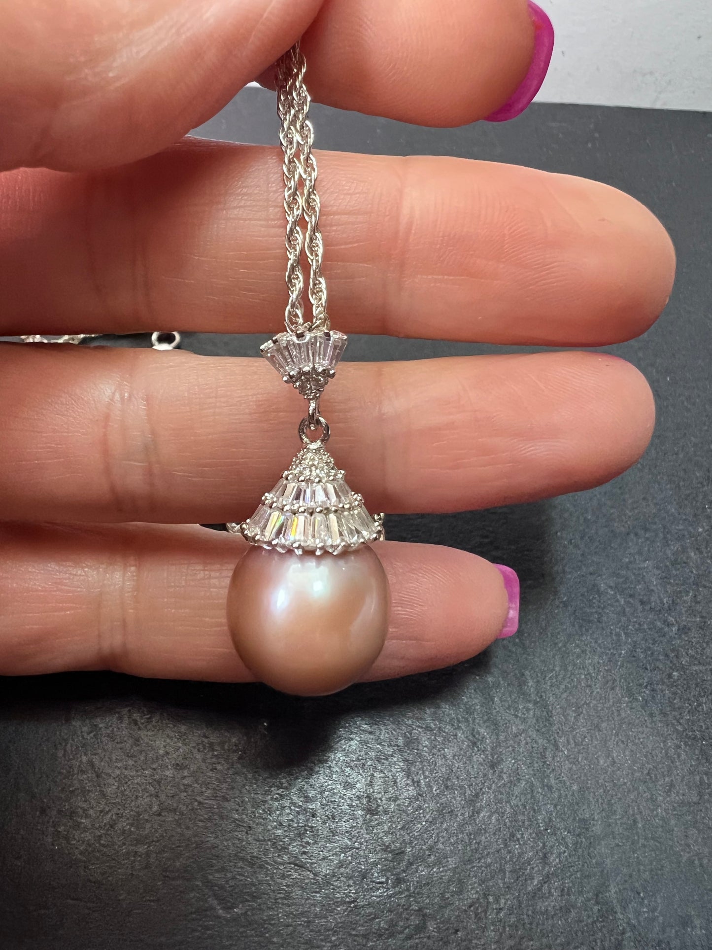 Pink cultured pearl and CZ sterling silver pendant with 24 inch slider chain