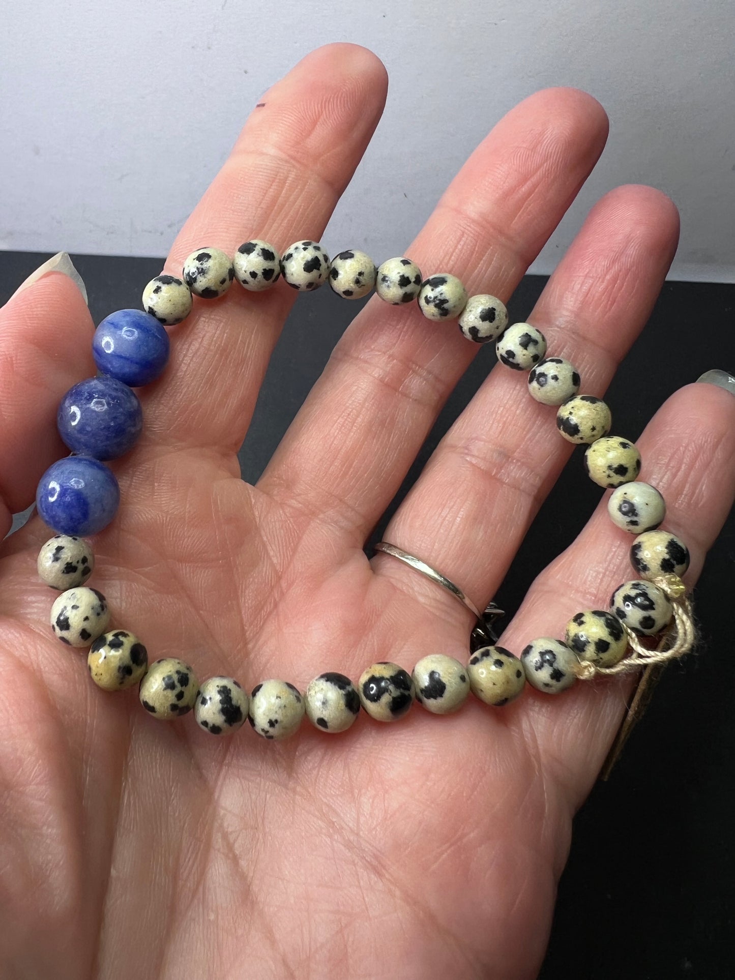 Dalmatian jasper and blue aventurine stretch bracelet 8 inch