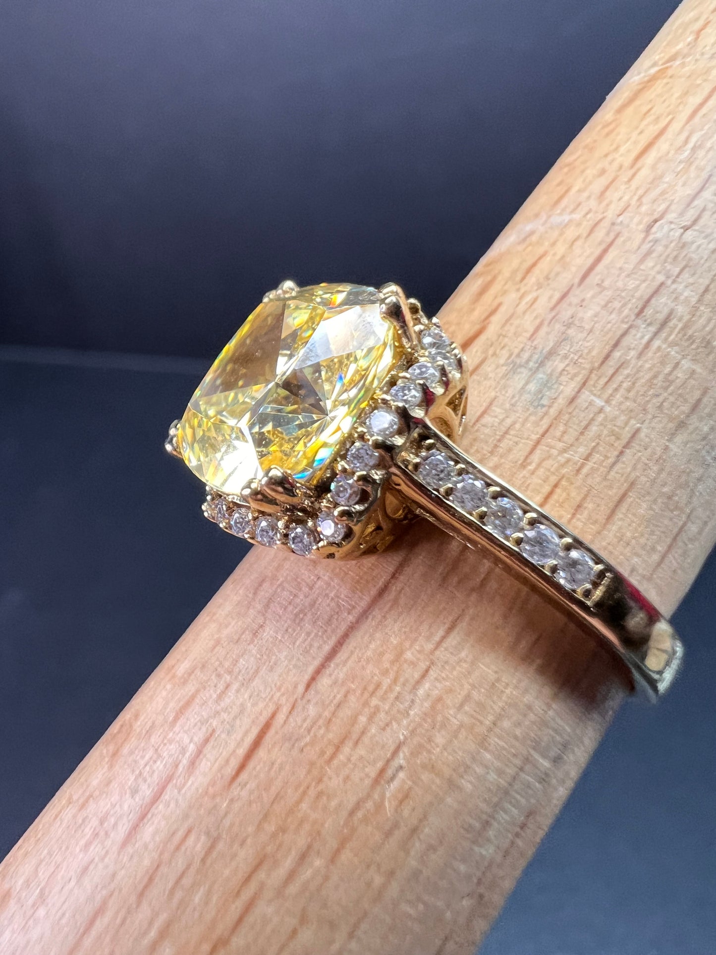 Yellow CZ halo ring in gold over sterling silver size 9