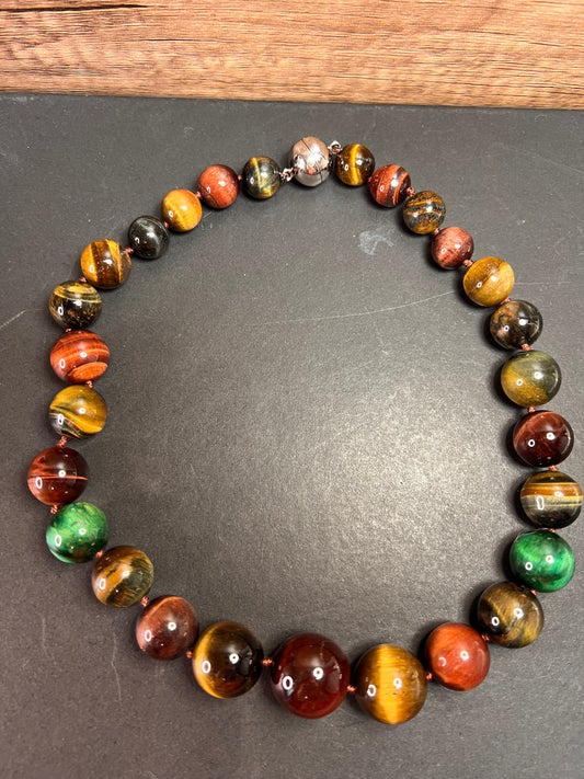 Multi color tiger eye graduated necklace with 925 magnetic clasp