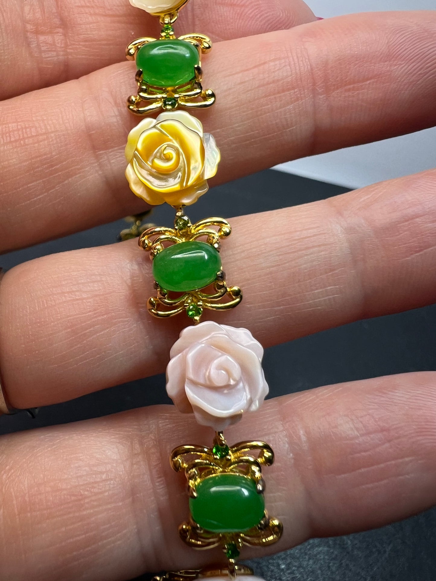 Mother of pearl roses , jade and chrome diopside bracelet in gold over sterling silver 7.5 inches