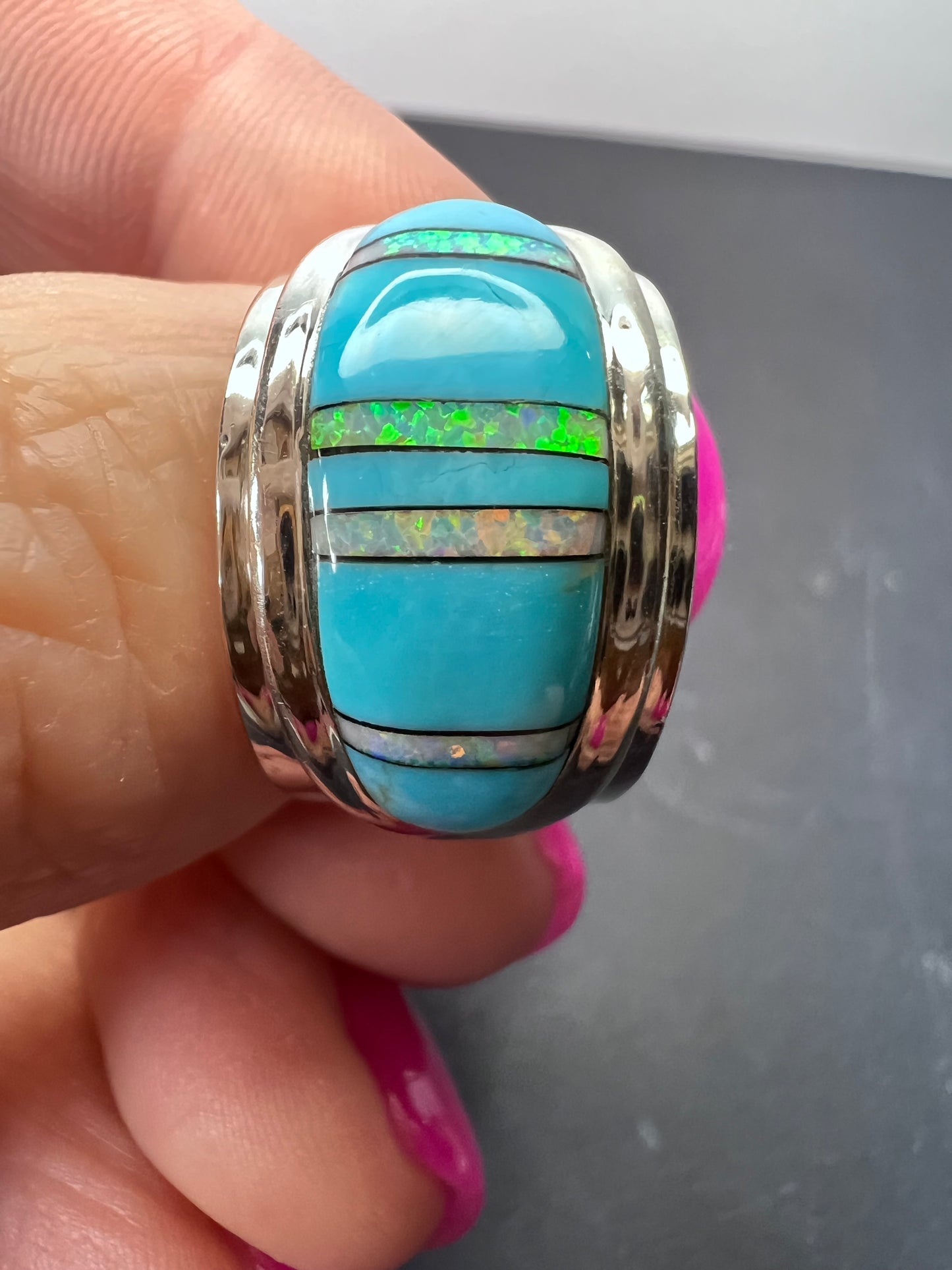 Turquoise lab opal sterling size ring size 7.5