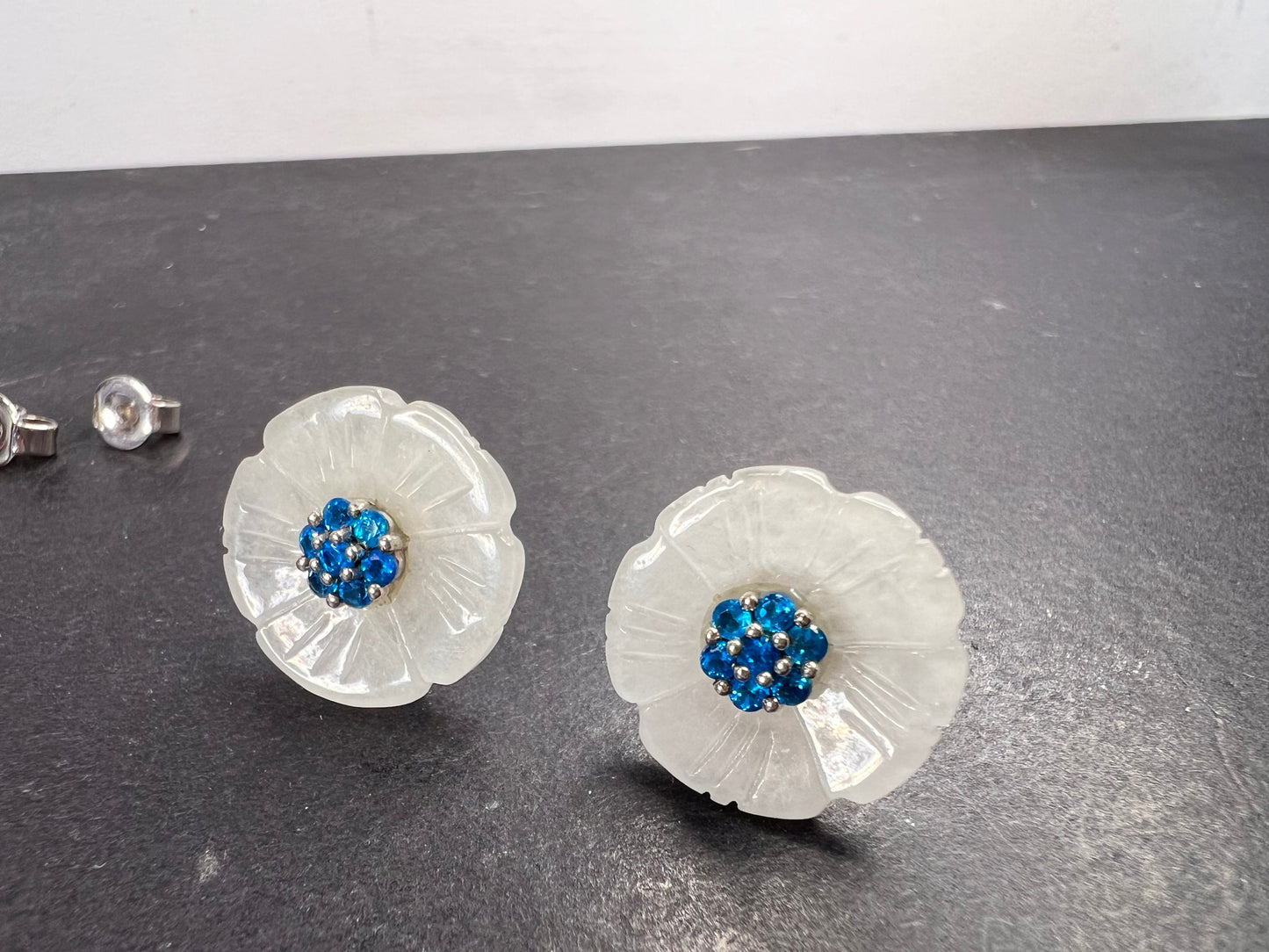 White Jade and neon blue apatite flower earrings in sterling silver