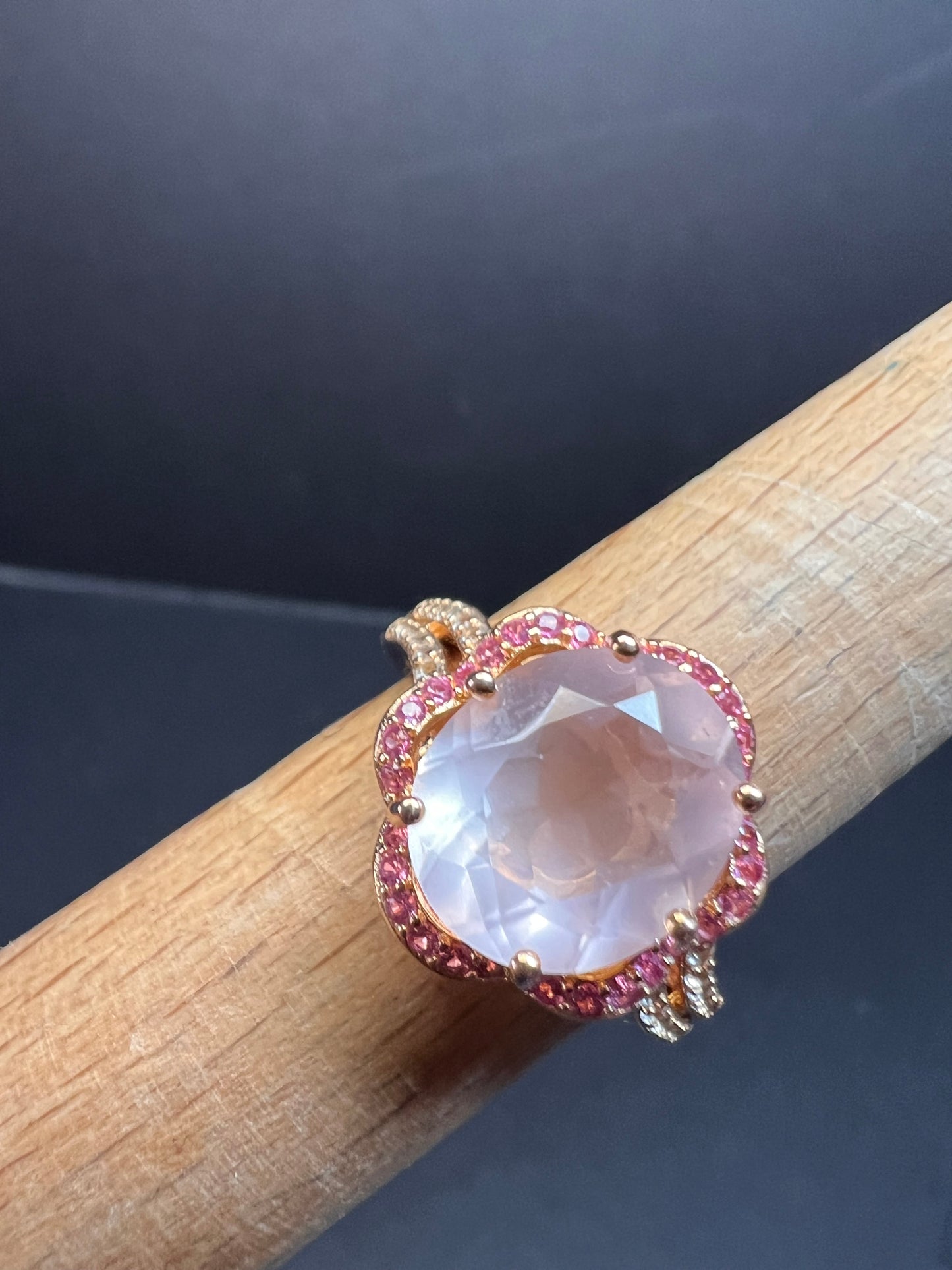 NEW Rose Quartz and lab pink sapphire rose gold over sterling silver ring size 8