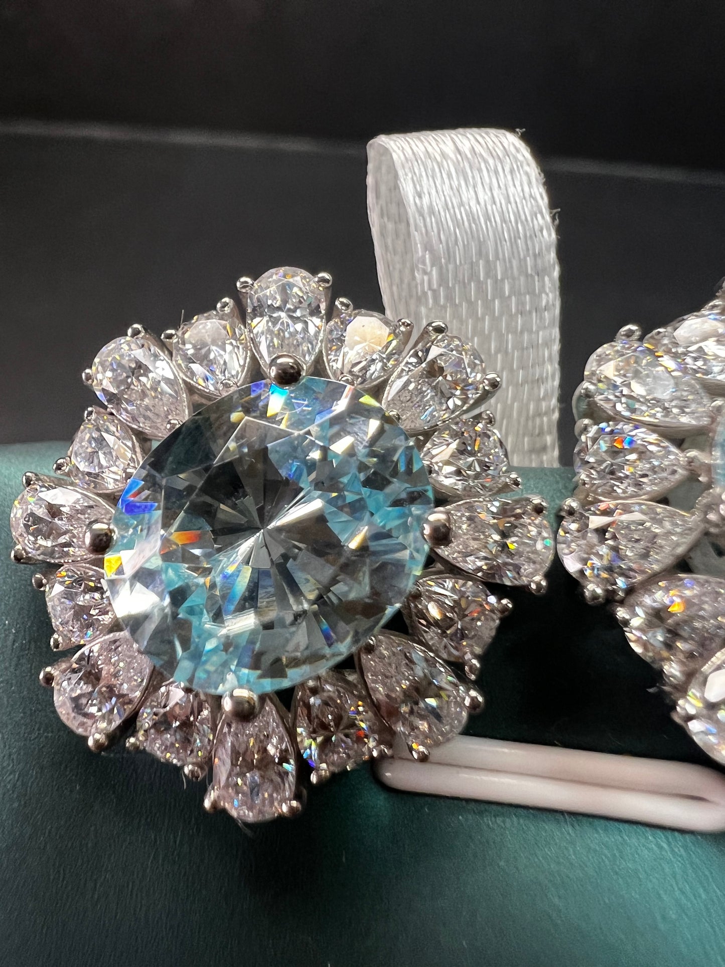 Sterling Silver Aqua CZ Halo Omega Back Earrings New w Tags