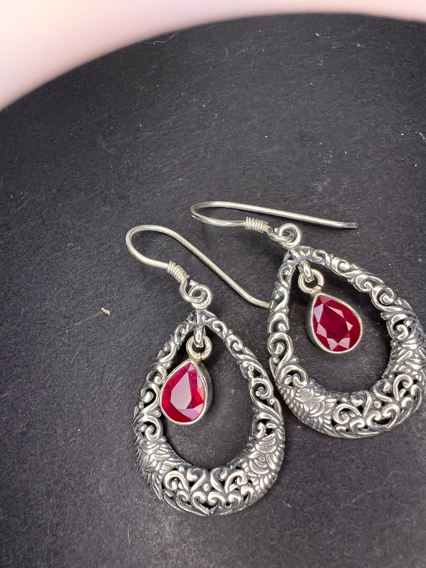 Ruby sterling silver open tear drop earrings