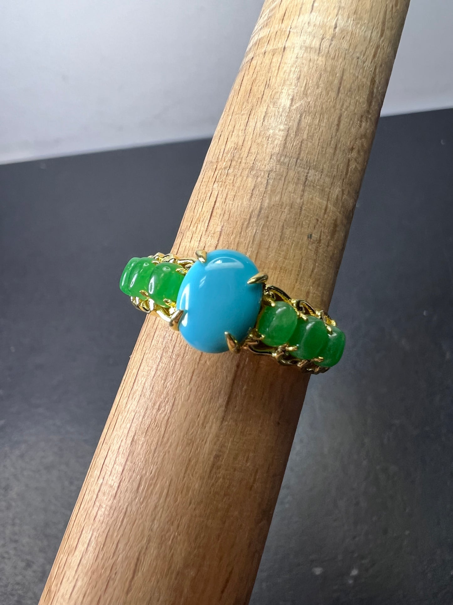 Sleeping Beauty turquoise and green jade 14k gold over silver ring size 9