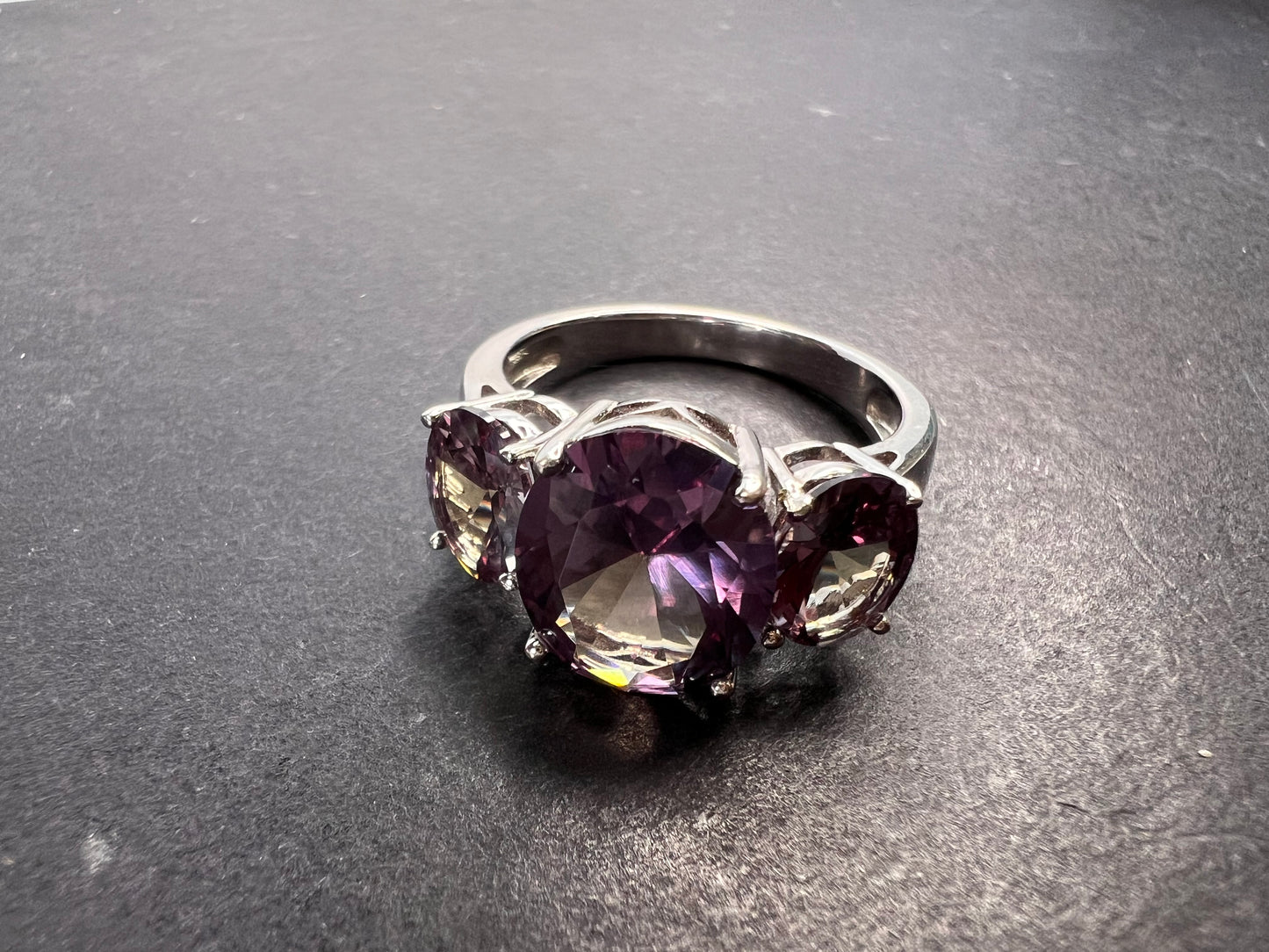 Lab created alexandrite trilogy ring in rhodium over sterling silver size 9