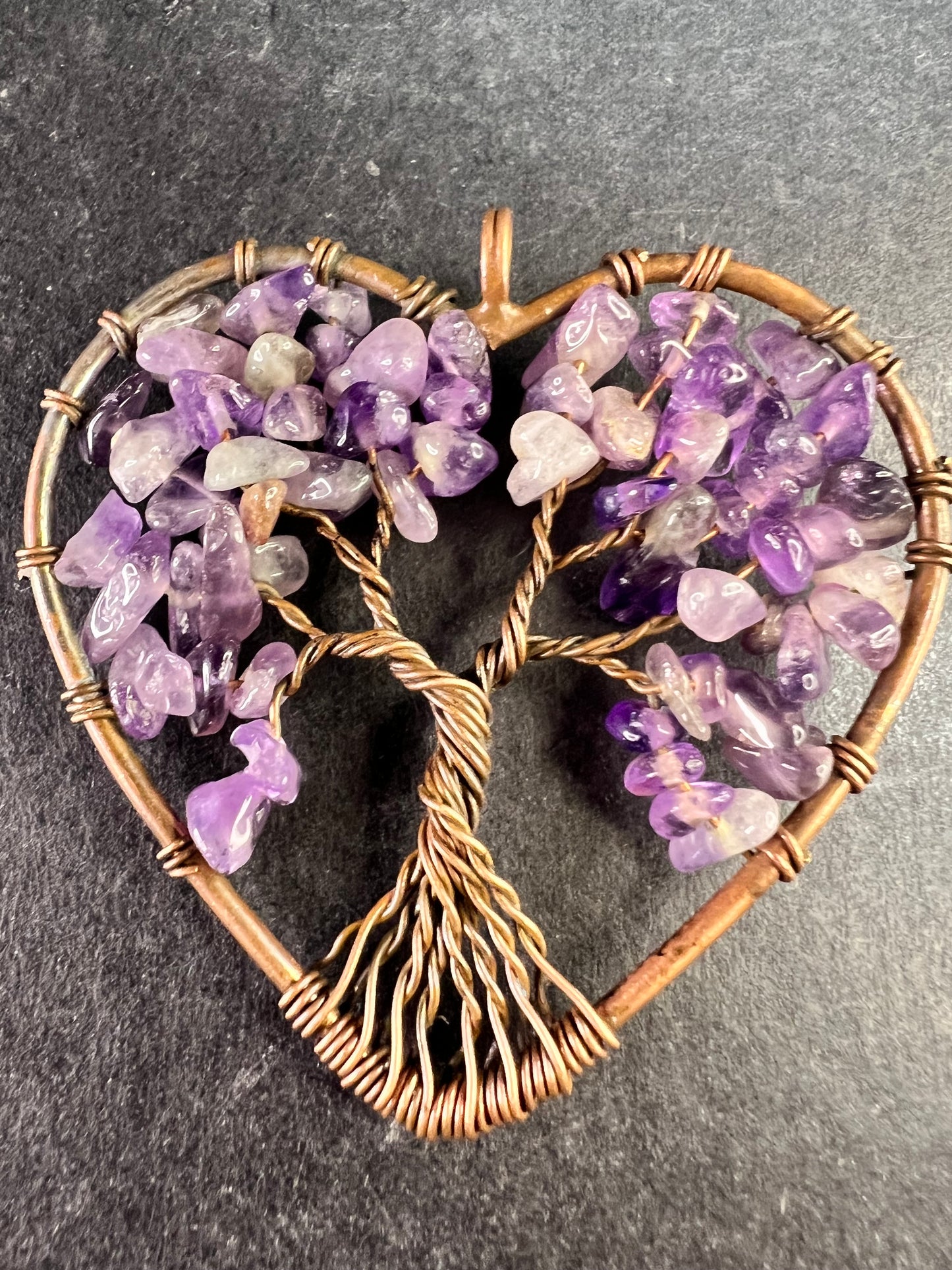 Amethyst Tree of Life Heart Pendant Copper Wire Wrapped Necklace Charm