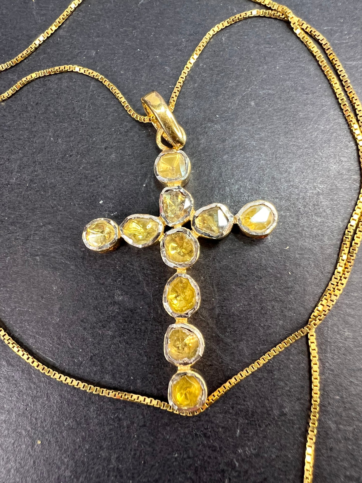 Yellow polki diamond cross pendant and chain in gold over sterling silver