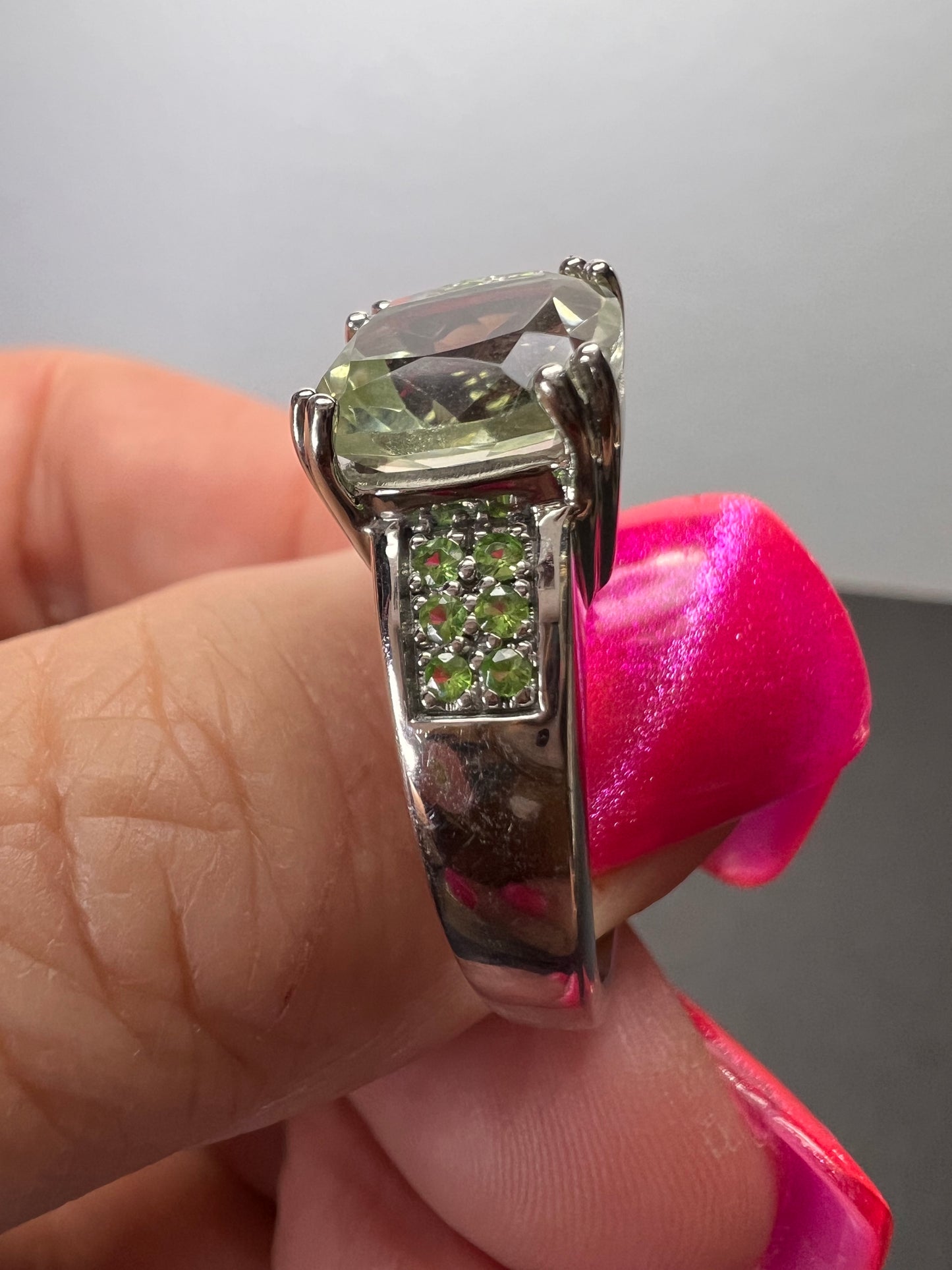 Green Prasiolite and tsavorite green garnet Rhodium Over Sterling Silver Ring 3.28ctw size 9