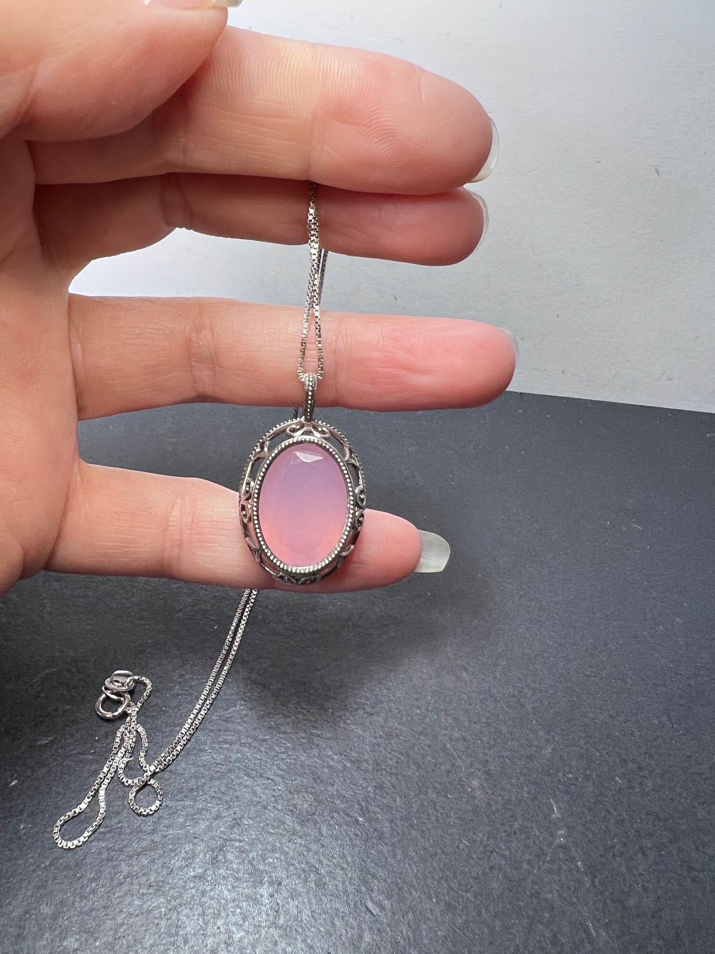 Pink chalcedony sterling silver pendant and 18 inch chain Becky