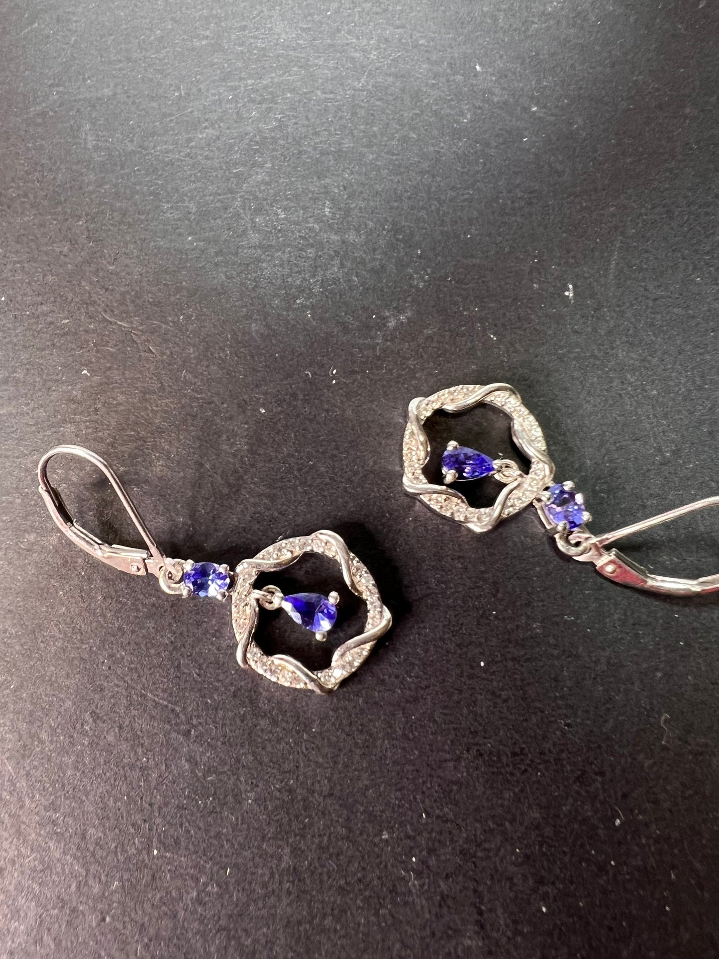 Tanzanite and diamond sterling silver drop earrings