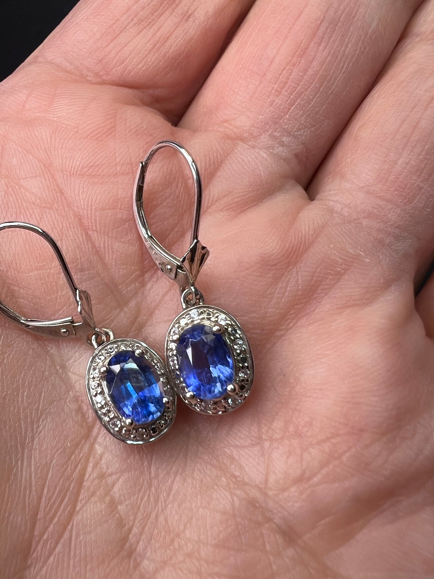 Blue kyanite sterling silver  lever back halo earrings