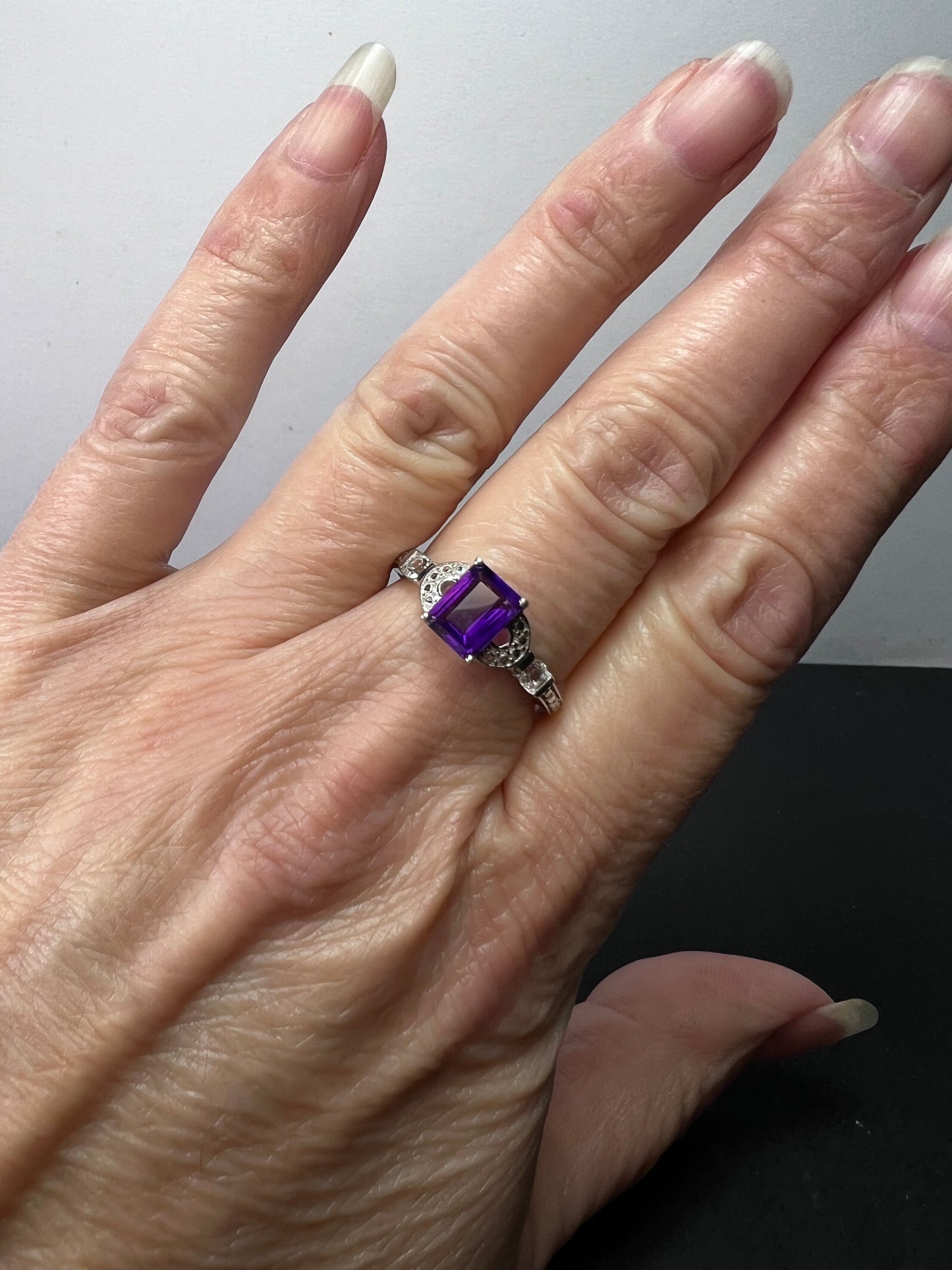 Amethyst and white topaz sterling silver ring size 9