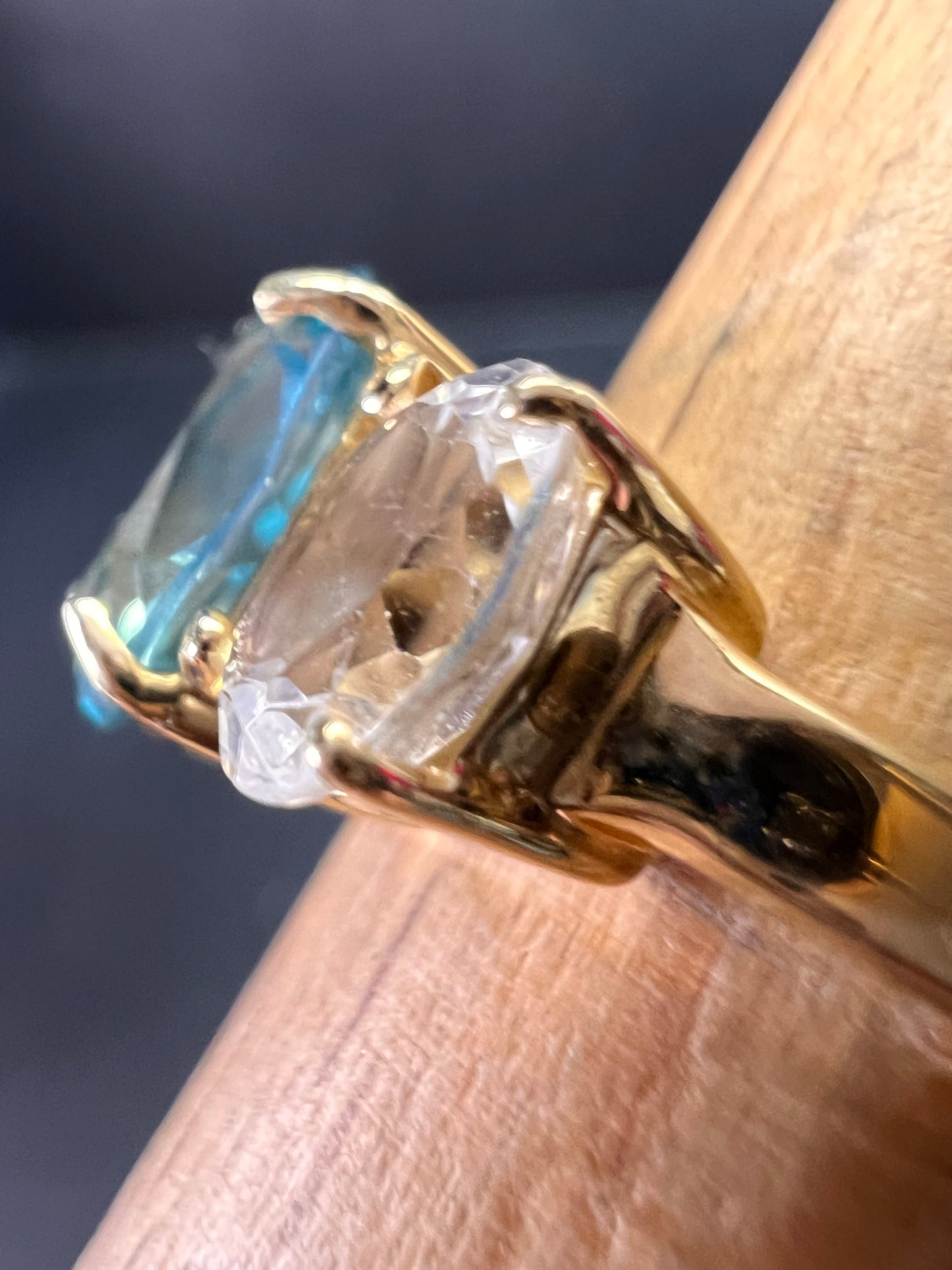 Vintage 10K Yellow Gold Blue Topaz & White Topaz Three-Stone Ring – Size 7