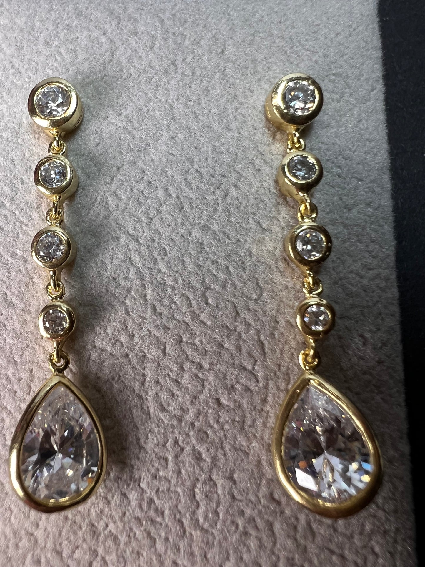 Long teardrop CZ earrings in gold over sterling silver