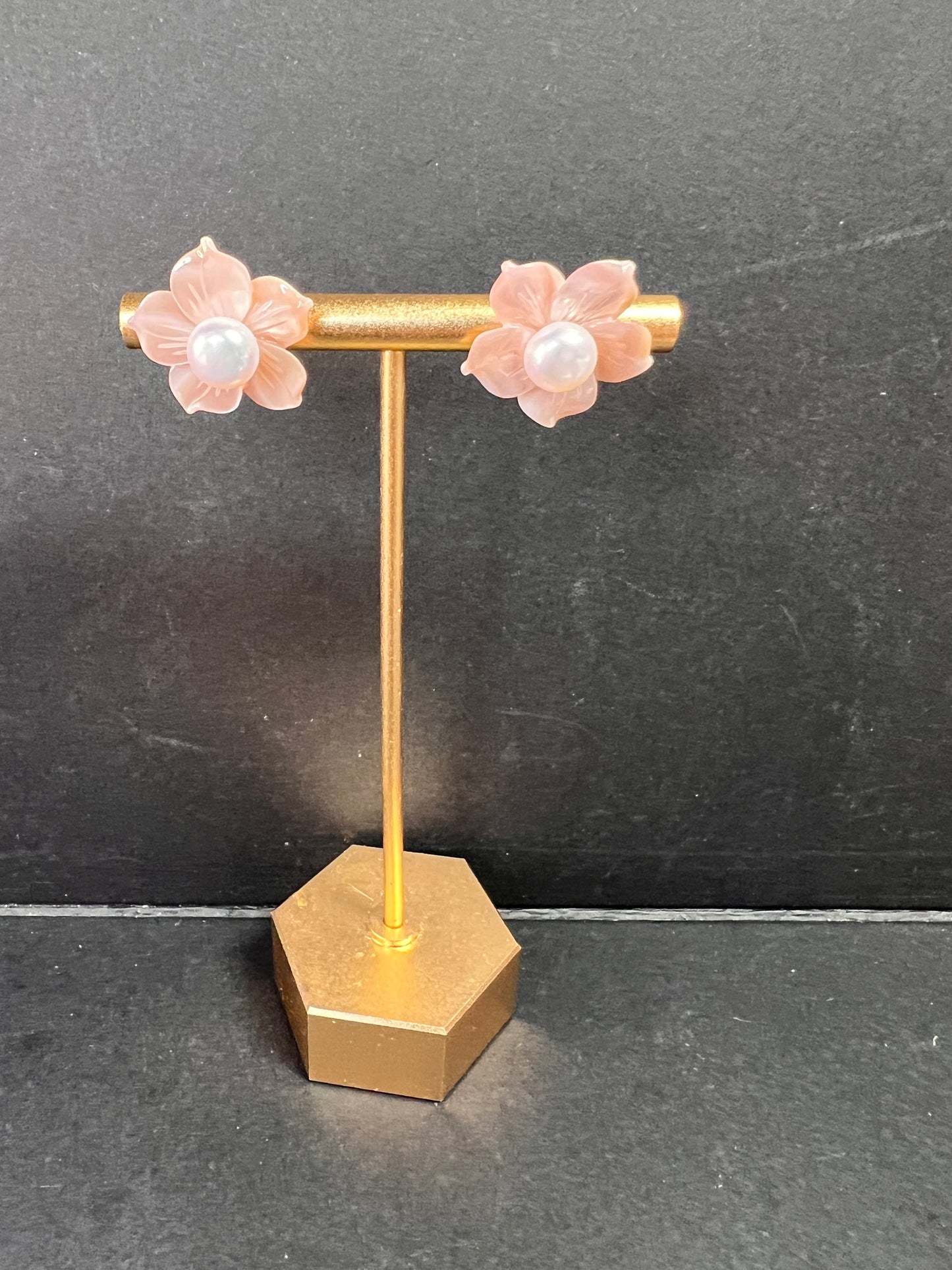 Vintage dead stock set of mother of pearl plumeria stud earrings in sterling silver