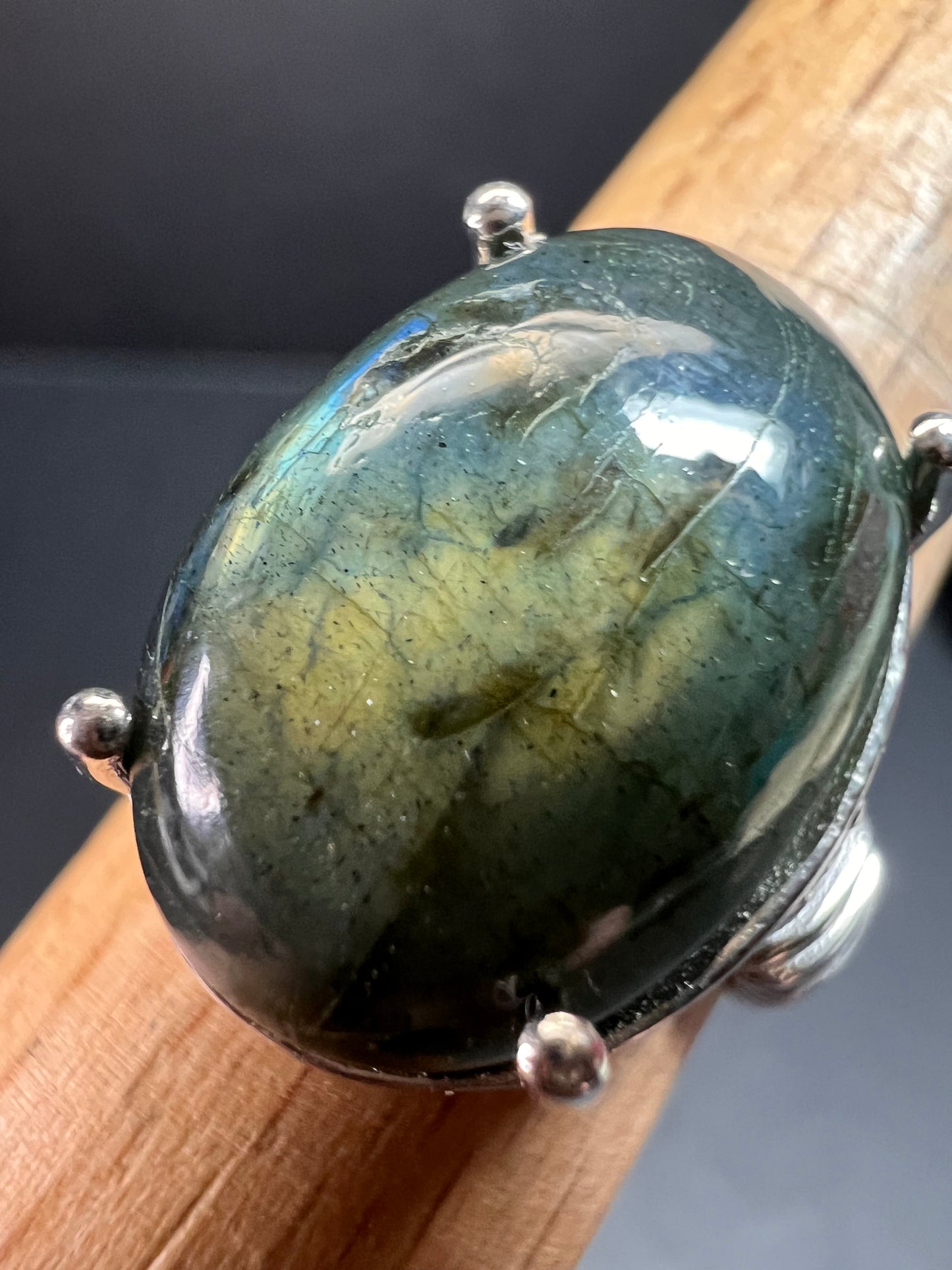 NEW labradorite ring in platinum over brass size 8