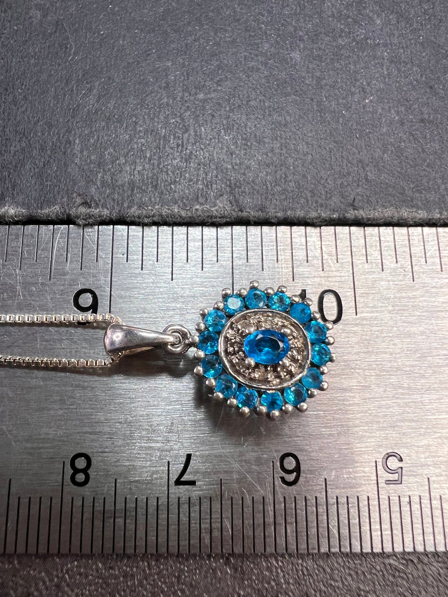 Vintage 925 Sterling Silver Blue Apatite & Diamond Halo Pendant Necklace